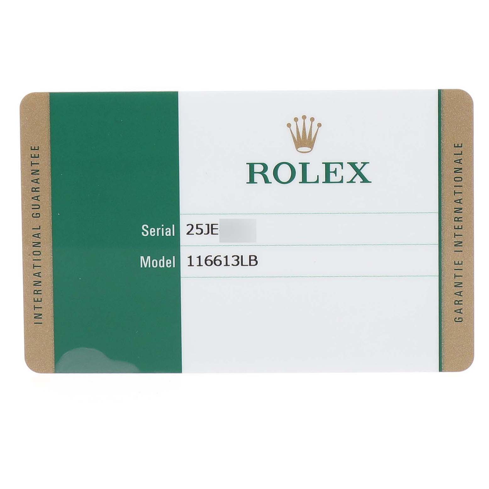 The image displays a Rolex Submariner 116613 Men's Steel and Gold (two tone) Blue Dial model 116613LB warranty card from a flat angle, showing serial and model numbers.