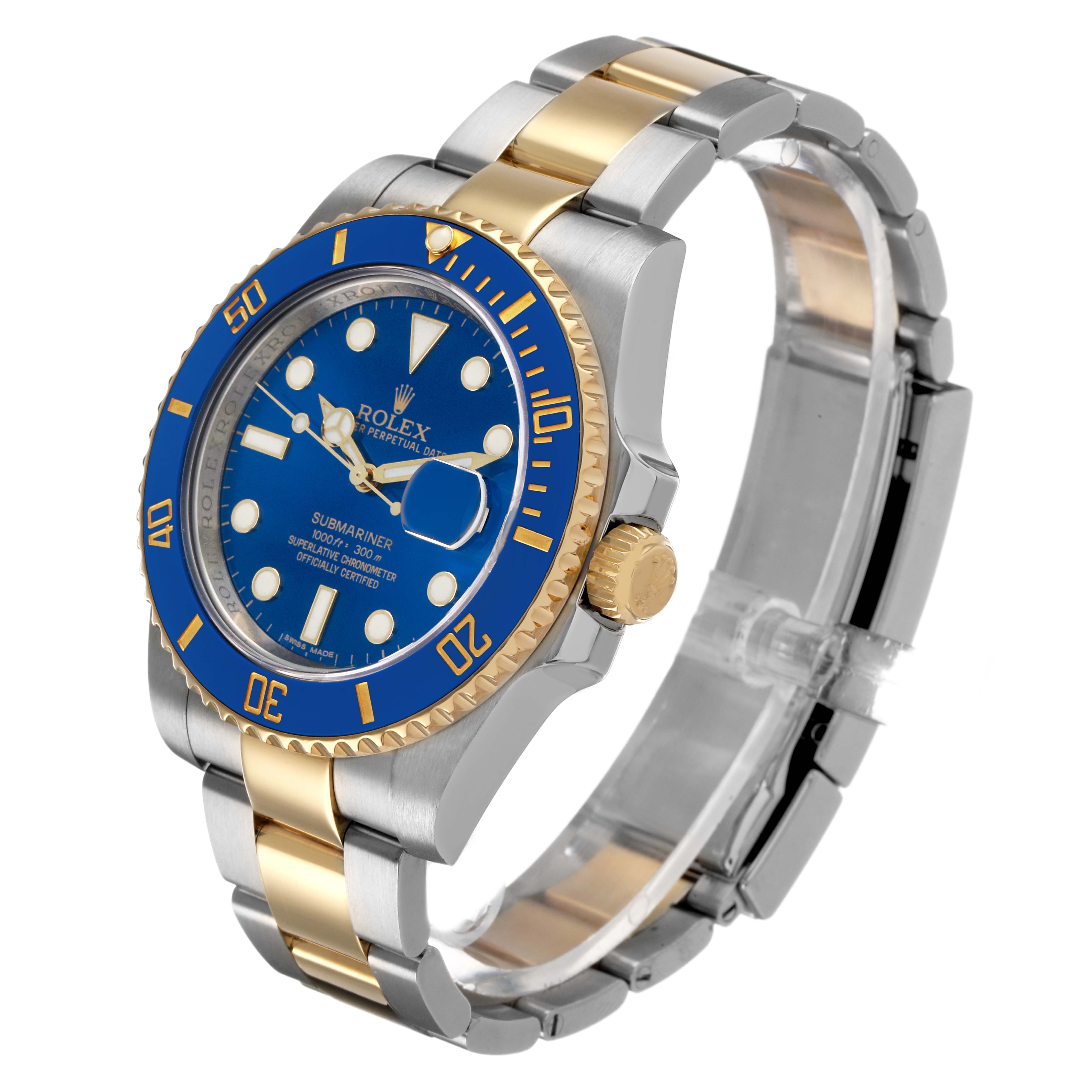 The Rolex Submariner 116613 Men's Steel and Gold (two tone) Blue Dial watch is shown at a three-quarter angle, highlighting its blue bezel, gold crown, and two-tone bracelet.