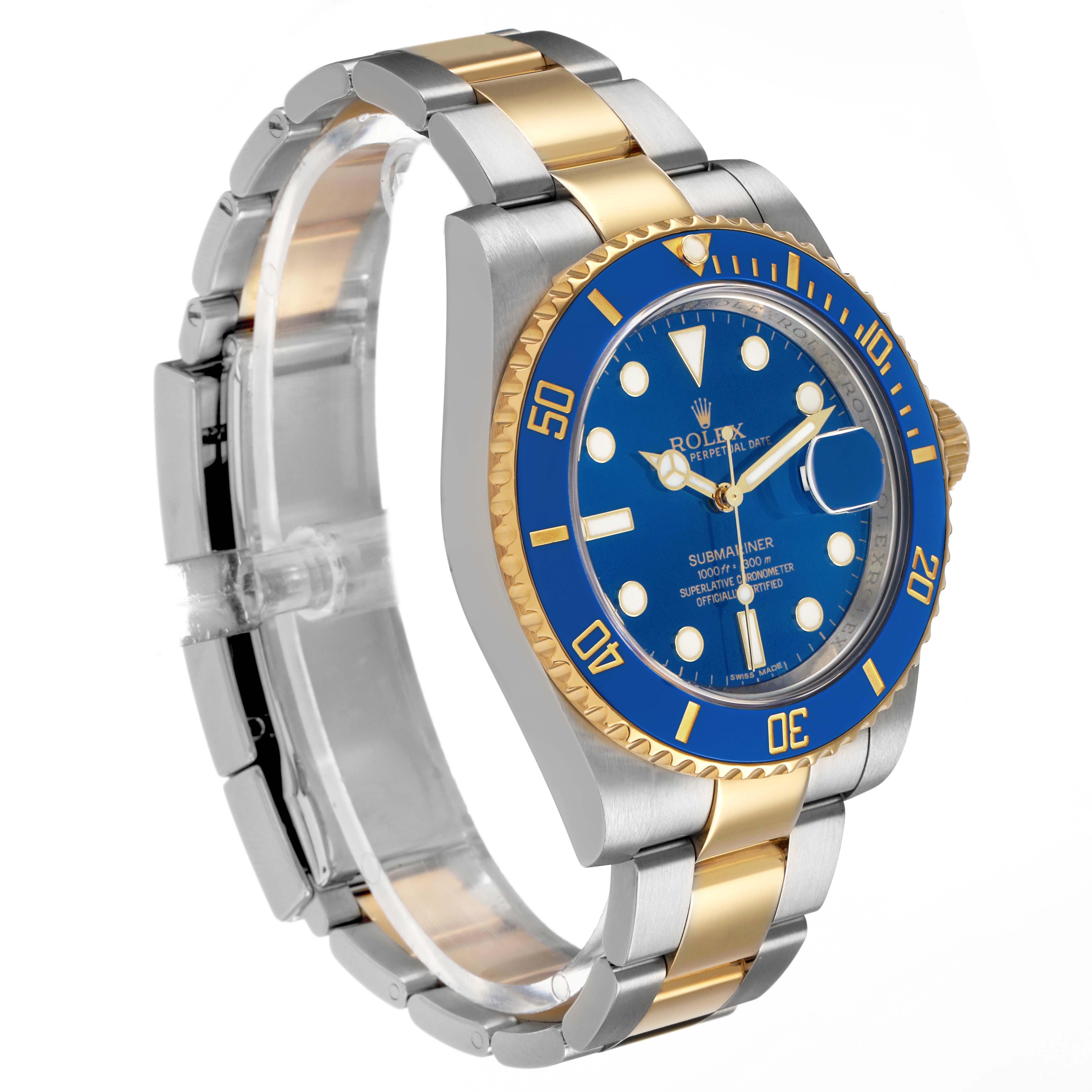 The Rolex Submariner 116613 Men's Steel and Gold (two tone) Blue Dial watch is shown at a 3/4 angle, displaying the face, bezel, and part of the bracelet.