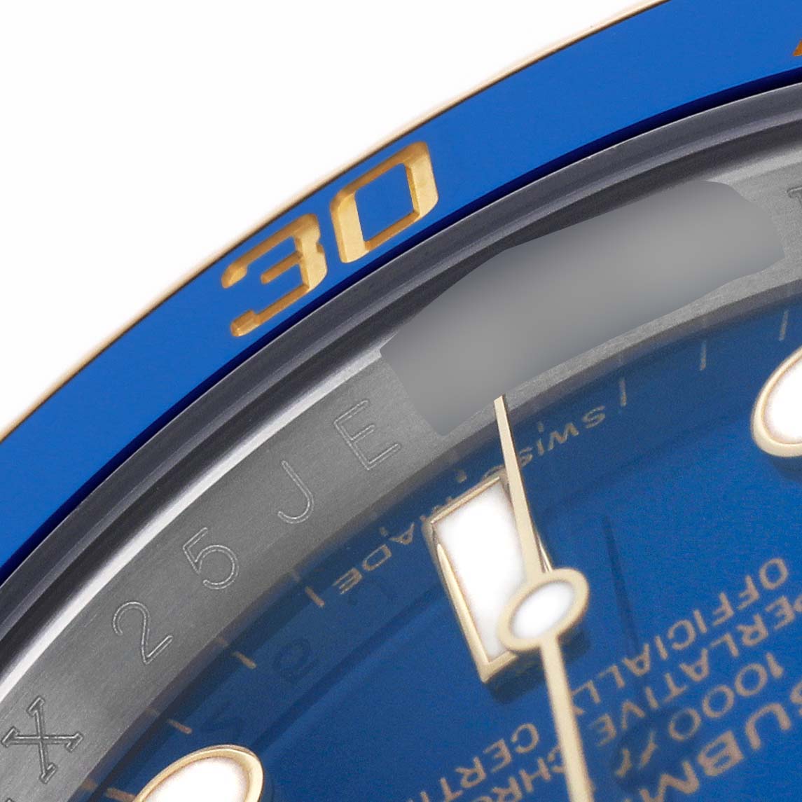 The image shows a close-up of the dial and bezel, highlighting the 30 mark and details of the Rolex Submariner 116613 Men's Steel and Gold (two tone) Blue Dial model.