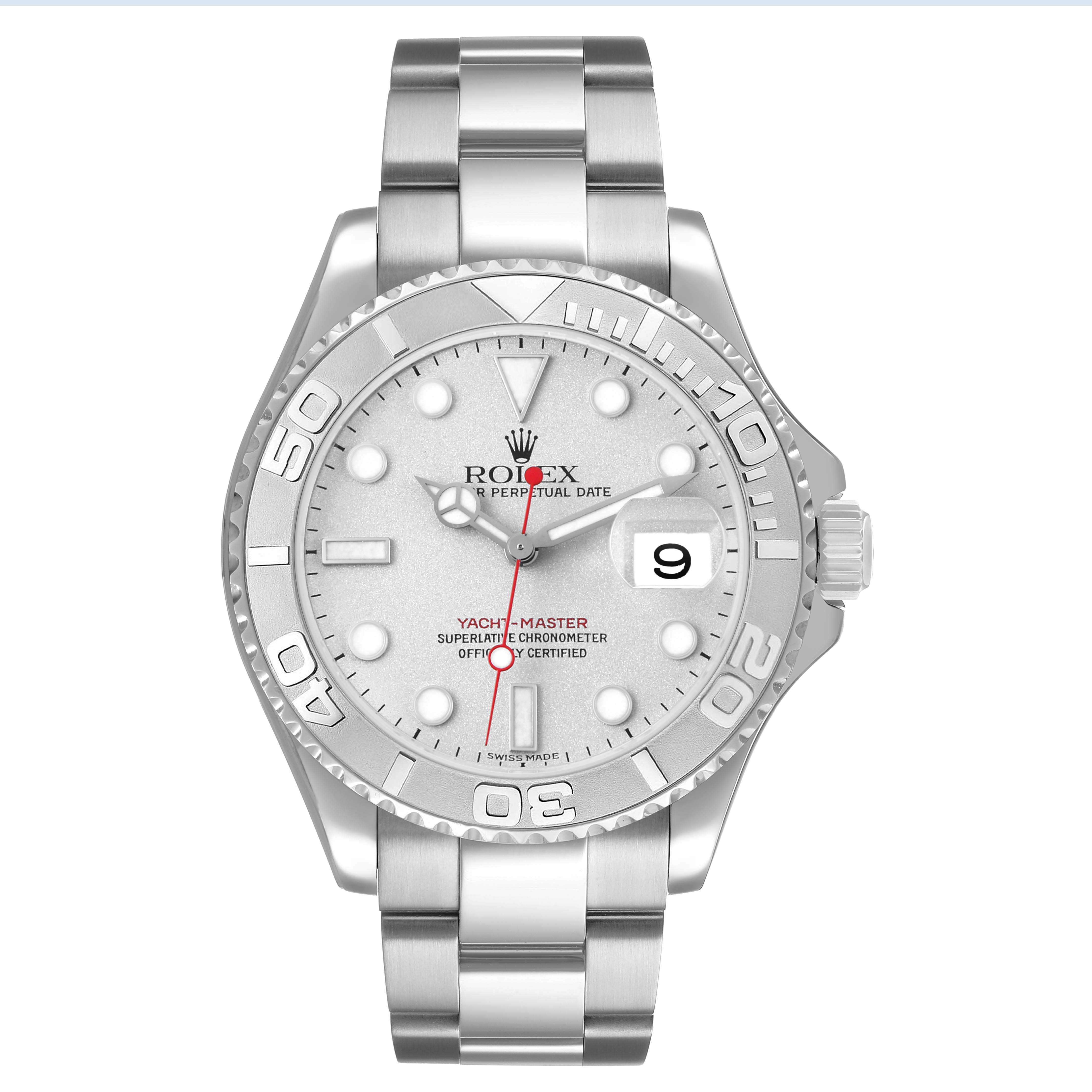 The Rolex Yacht-Master 16622 Men's Stainless Steel Silver Dial watch is shown from a front angle, displaying its face, bezel, and bracelet clearly.