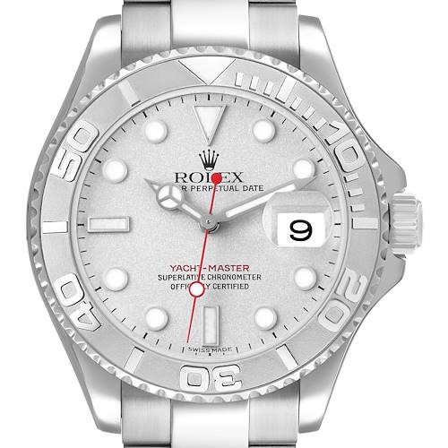 The Rolex Yacht-Master 16622 Men's Stainless Steel Silver Dial watch is shown from a front angle, highlighting the dial, bezel, and crown.