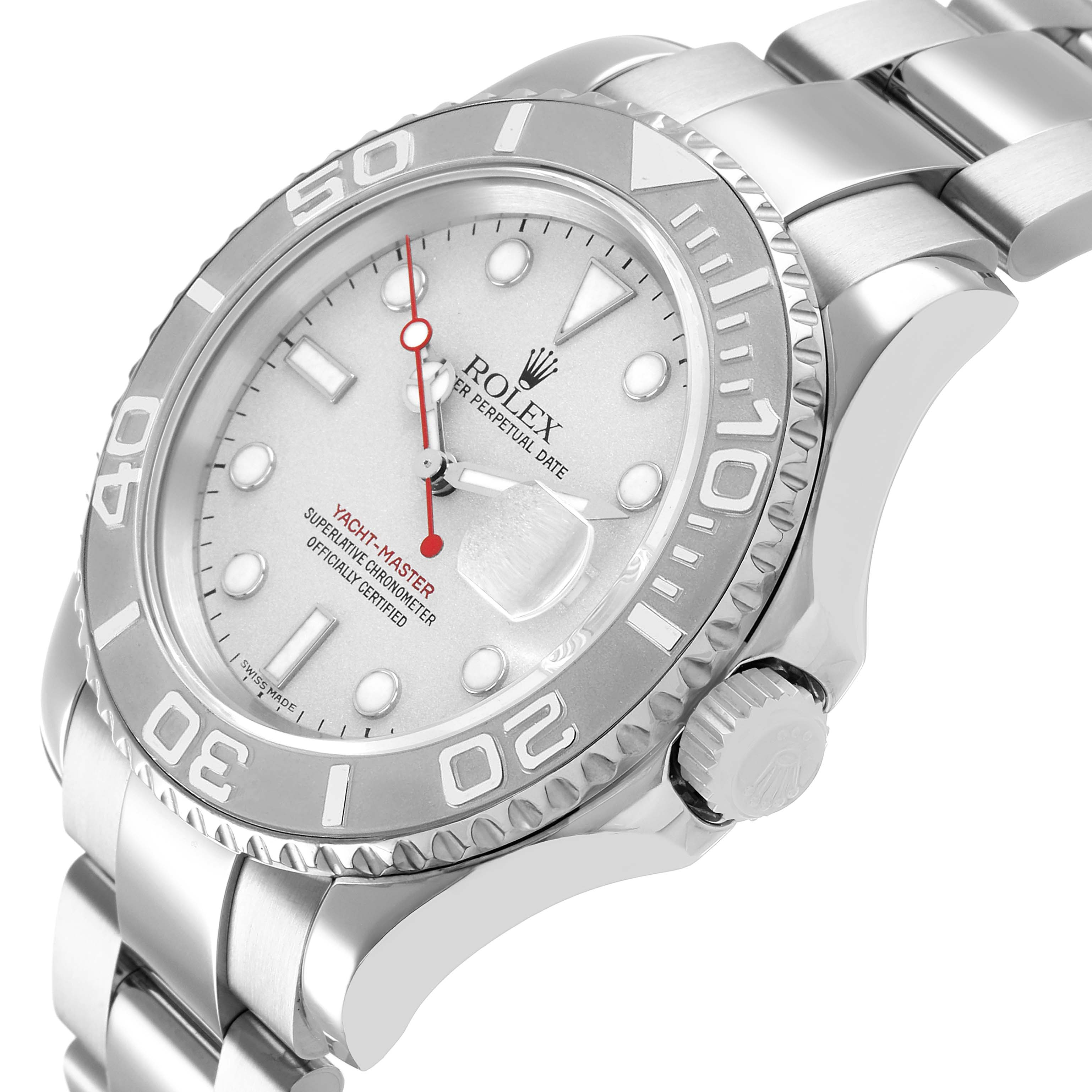 The Rolex Yacht-Master 16622 Men's Stainless Steel Silver Dial watch is shown at a three-quarter angle, highlighting the face, bezel, crown, and bracelet.