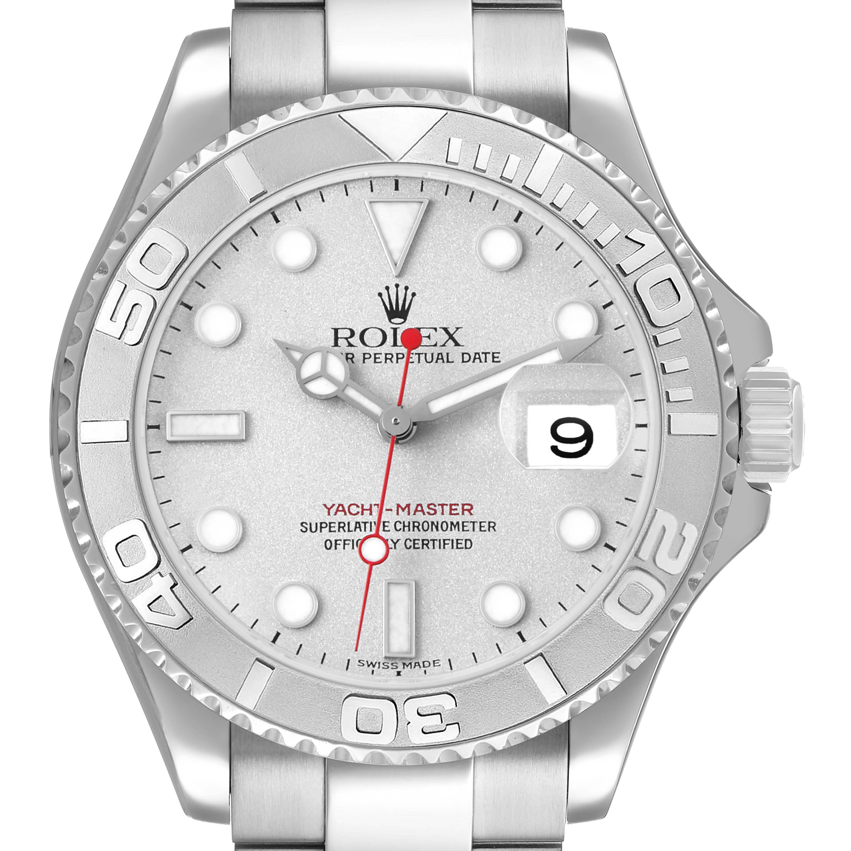 The Rolex Yacht-Master 16622 Men's Stainless Steel Silver Dial watch is shown from a front angle, highlighting the dial, bezel, and bracelet.