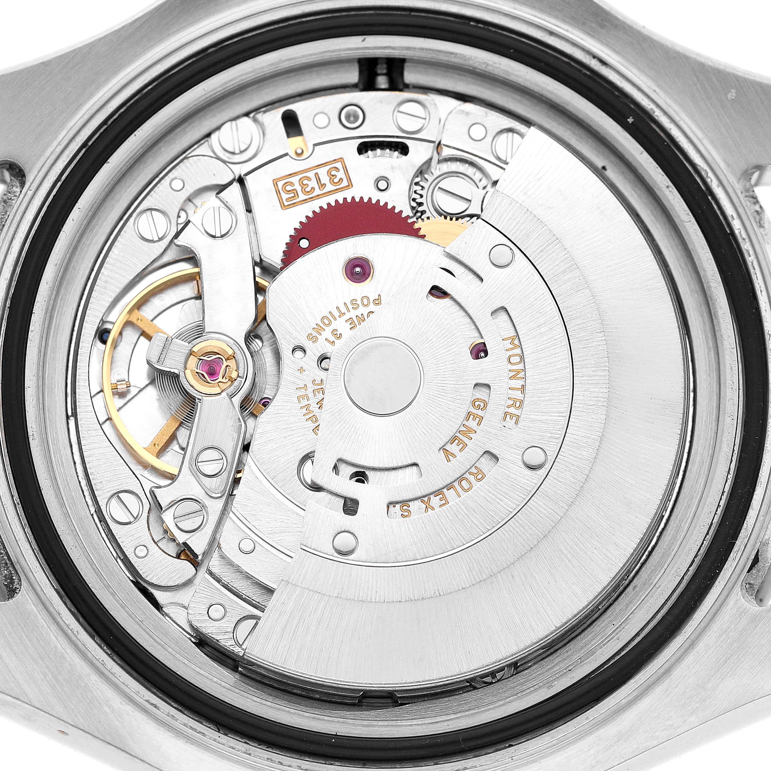 The image shows the Rolex Yacht-Master 16622 Men's Stainless Steel Silver Dial's intricate movement from the back, revealing gears and mechanisms.