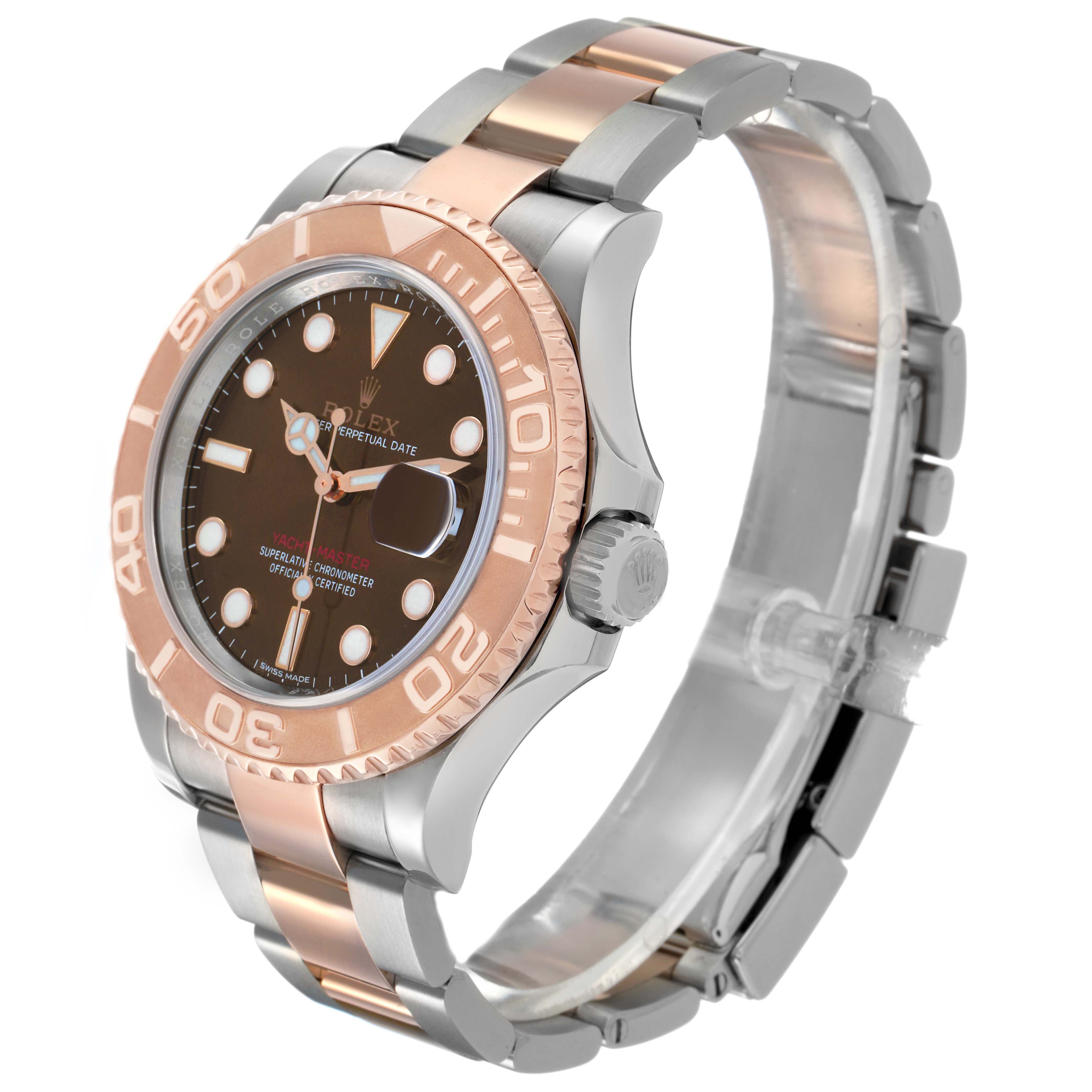The Rolex Yacht-Master 116621 Men's Steel and Gold (two tone) Brown Dial is shown at a 3/4 angle highlighting the face, bezel, and two-tone bracelet.