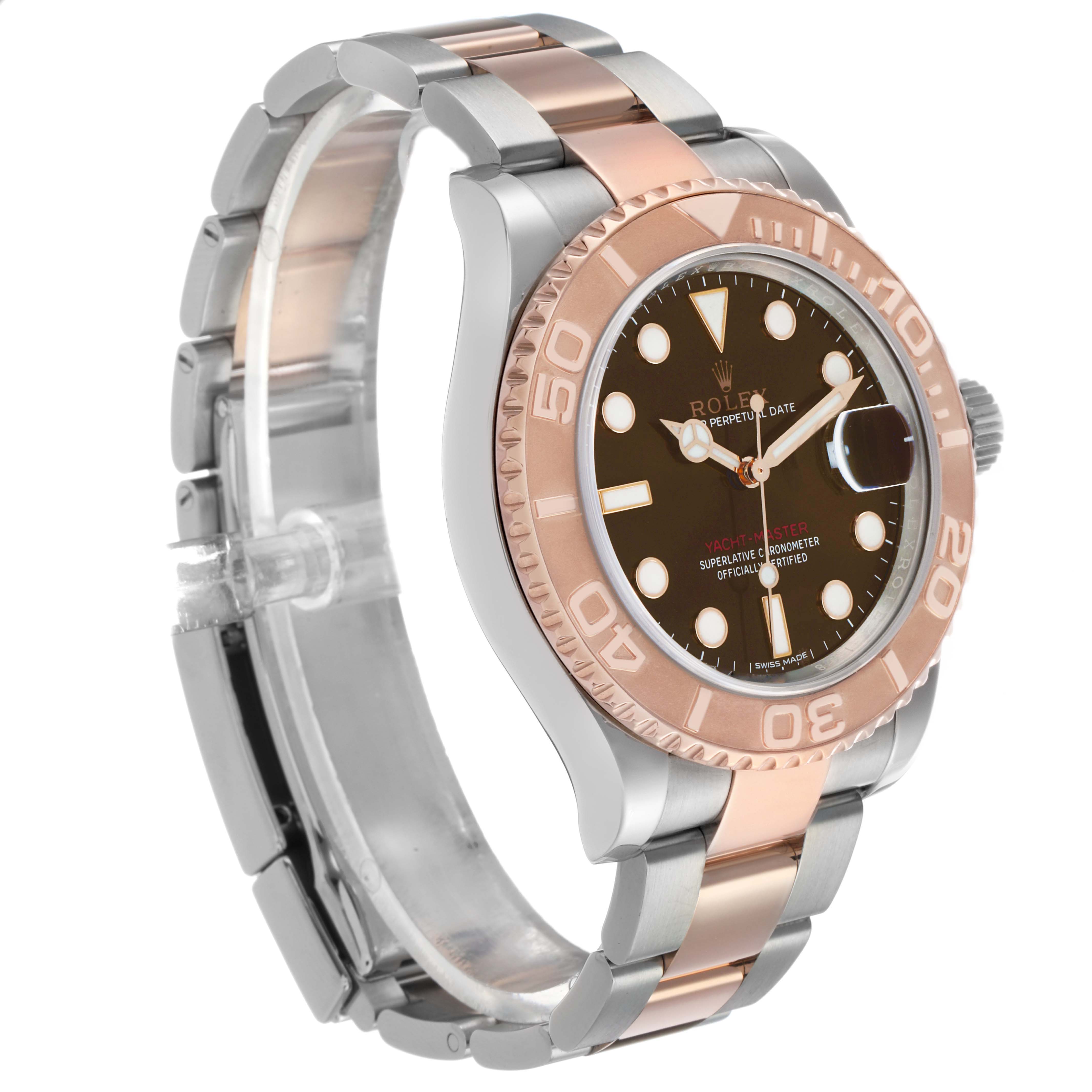 The Rolex Yacht-Master 116621 Men's Steel and Gold (two tone) Brown Dial watch is shown at a side angle, highlighting its bezel, dial, and two-tone bracelet.