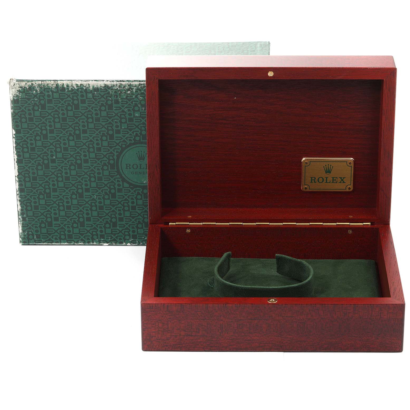 The image shows an open wooden box for the Rolex Yacht-Master 68628 Men's Yellow Gold Blue Dial 68628 Men's Yellow Gold Blue Dial watch, revealing the inner watch holder and outer packaging box.