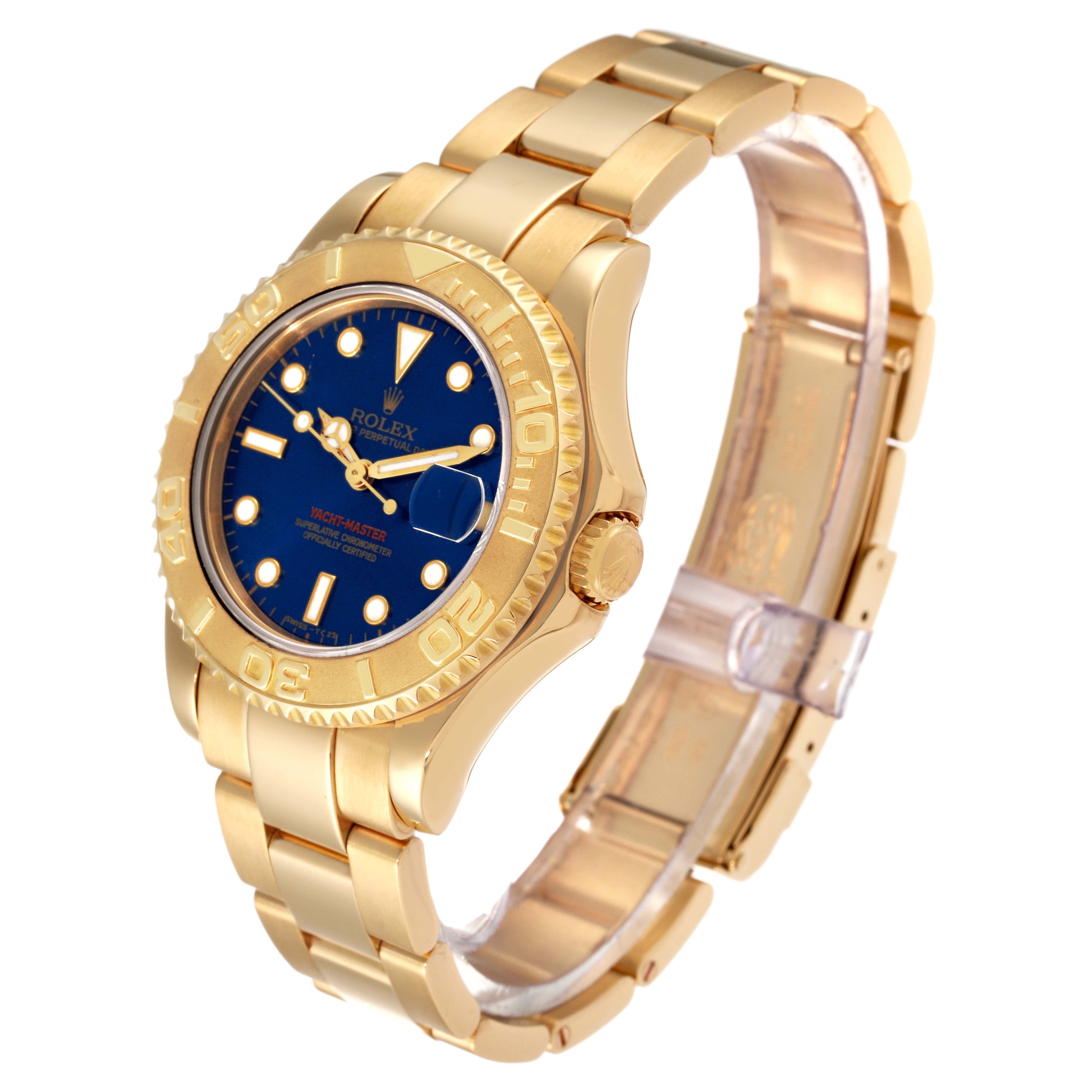 The image shows a Rolex Yacht-Master 68628 Men's Yellow Gold Blue Dial 68628 Men's Yellow Gold Blue Dial watch angled to display its face, bezel, band, and clasp.