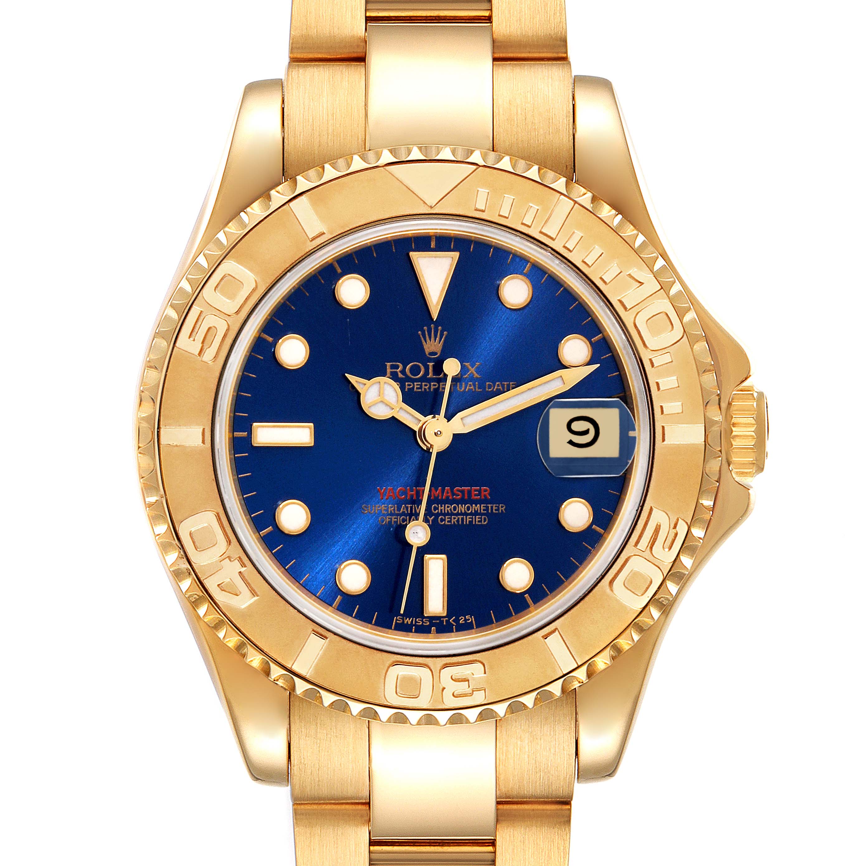 The image shows a frontal view of a Rolex Yacht-Master 68628 Men's Yellow Gold Blue Dial 68628 Men's Yellow Gold Blue Dial watch, highlighting its gold bezel, blue dial, and date window.