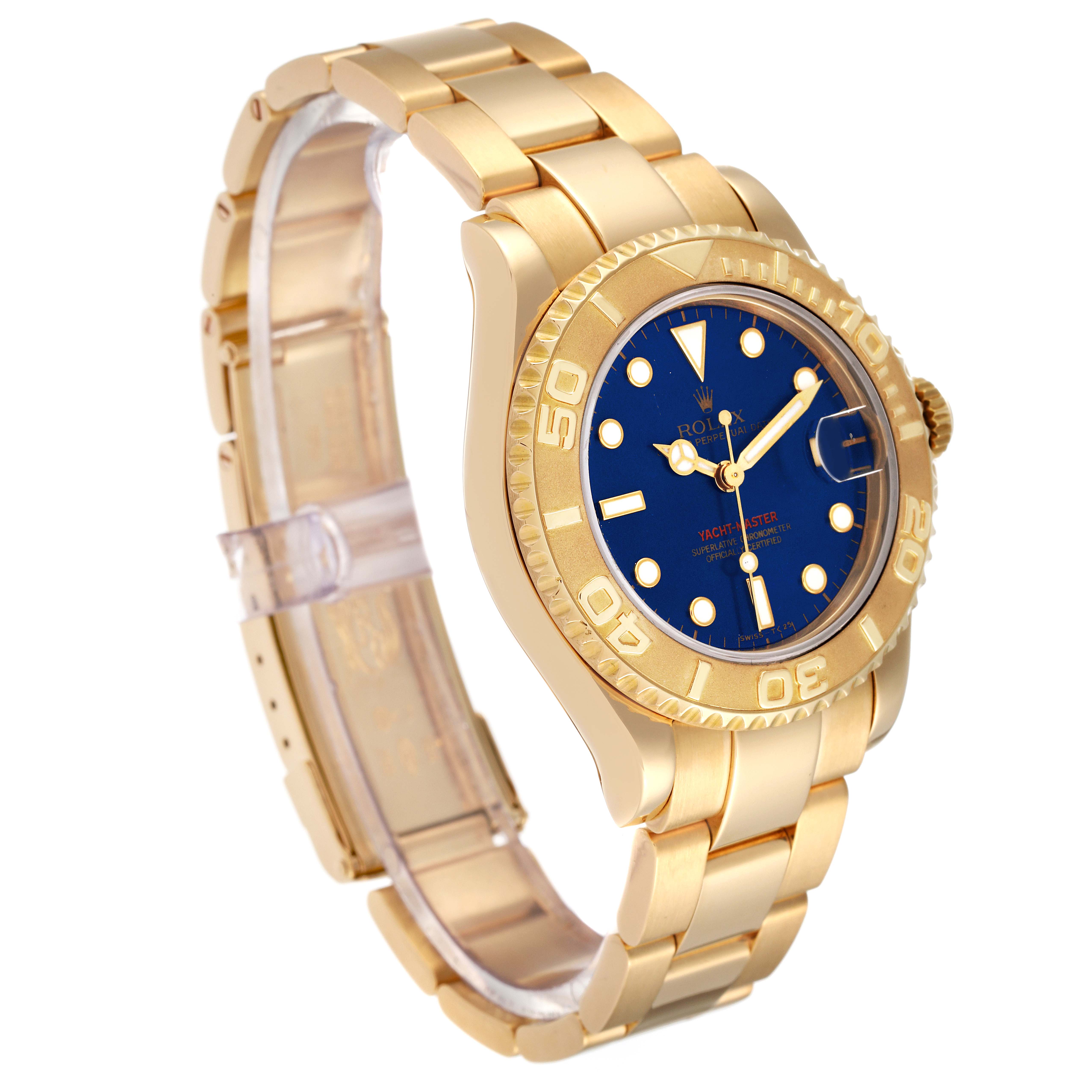 This image shows a side view of the gold Rolex Yacht-Master 68628 Men's Yellow Gold Blue Dial 68628 Men's Yellow Gold Blue Dial watch, highlighting its blue dial, bezel, and bracelet.