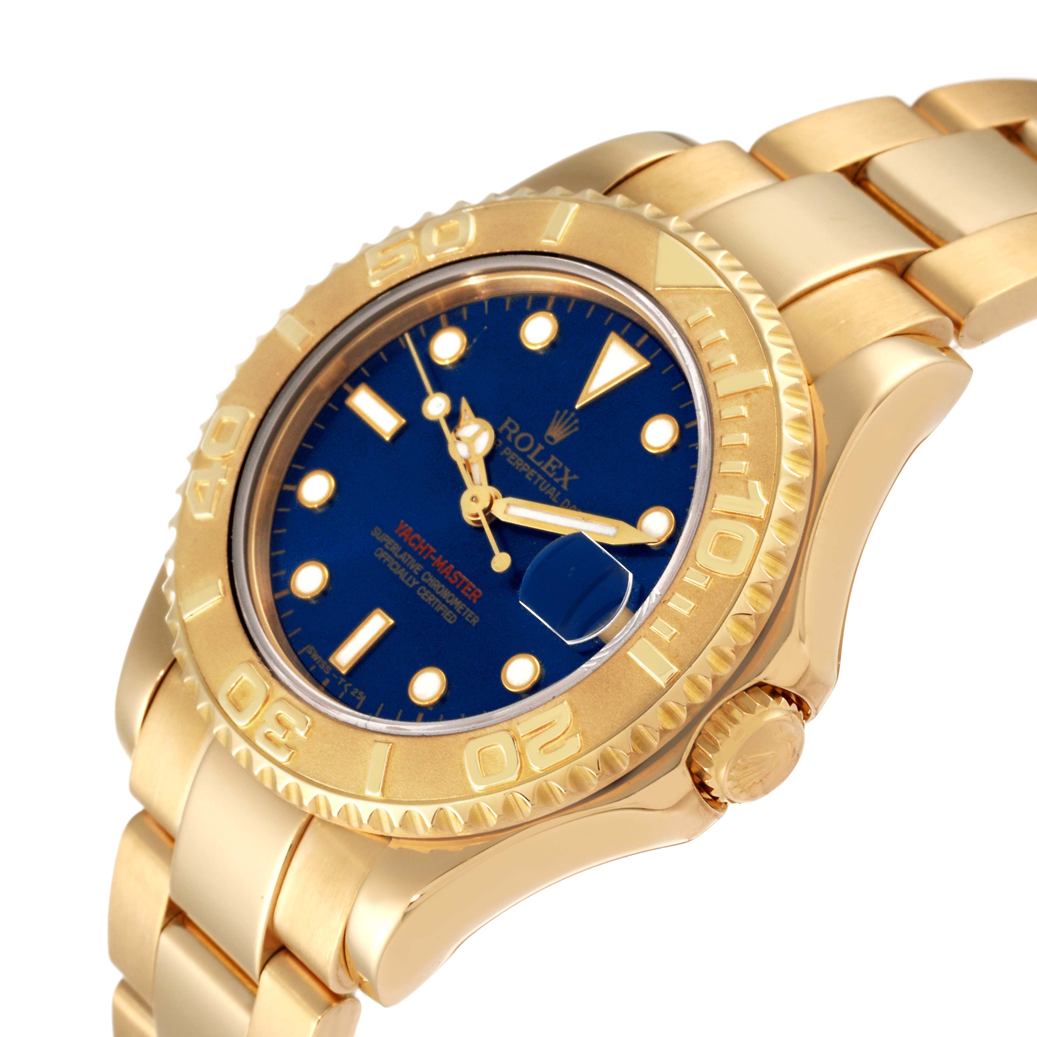 The image shows a side-angle view of a Rolex Yacht-Master 68628 Men's Yellow Gold Blue Dial 68628 Men's Yellow Gold Blue Dial watch, highlighting the gold bezel, blue dial, and bracelet.