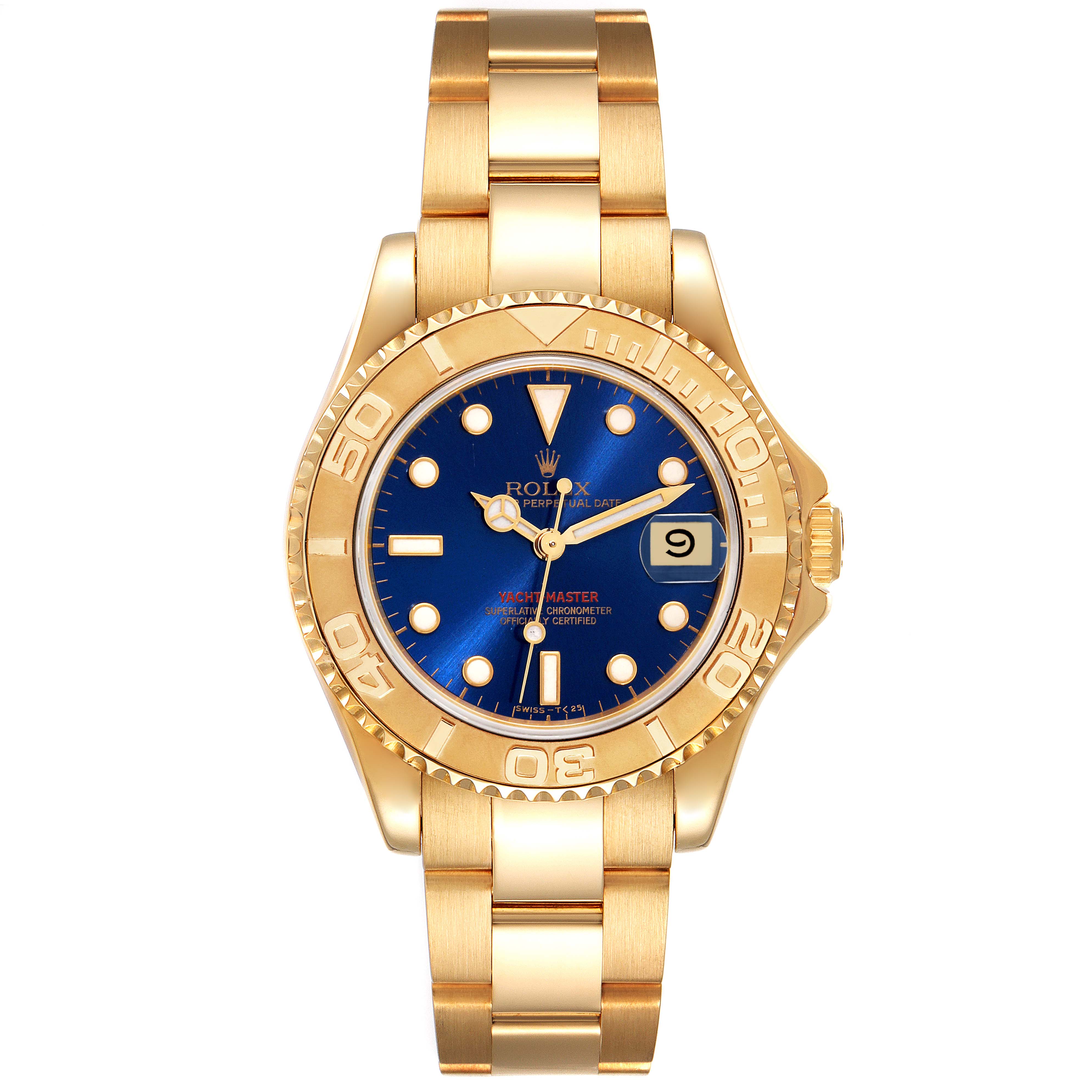 The image shows a front view of the Yacht-Master Rolex watch, displaying its blue dial, gold bezel, and bracelet.