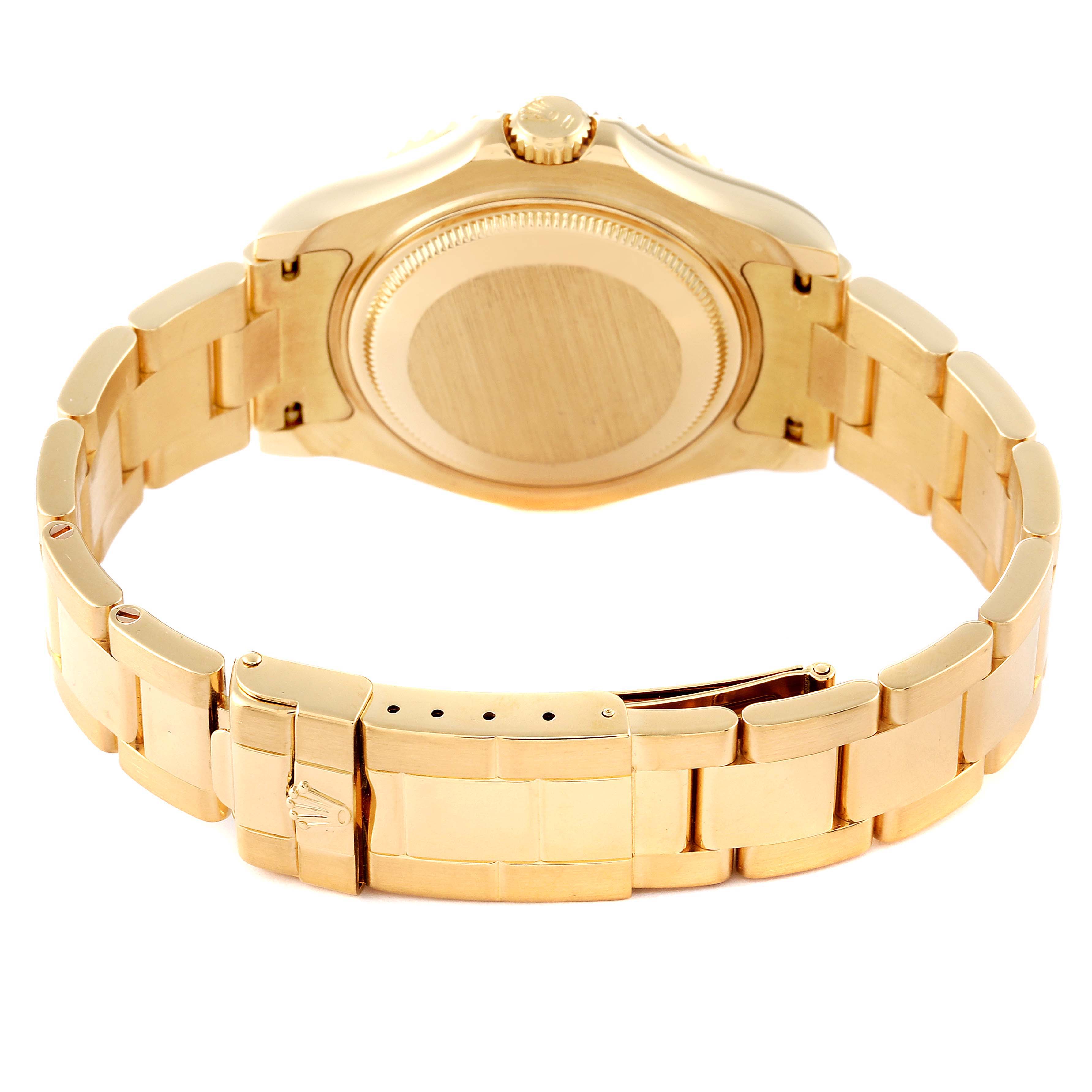 The Yacht-Master by Rolex is shown from the back, displaying its bracelet, clasp, and case back.