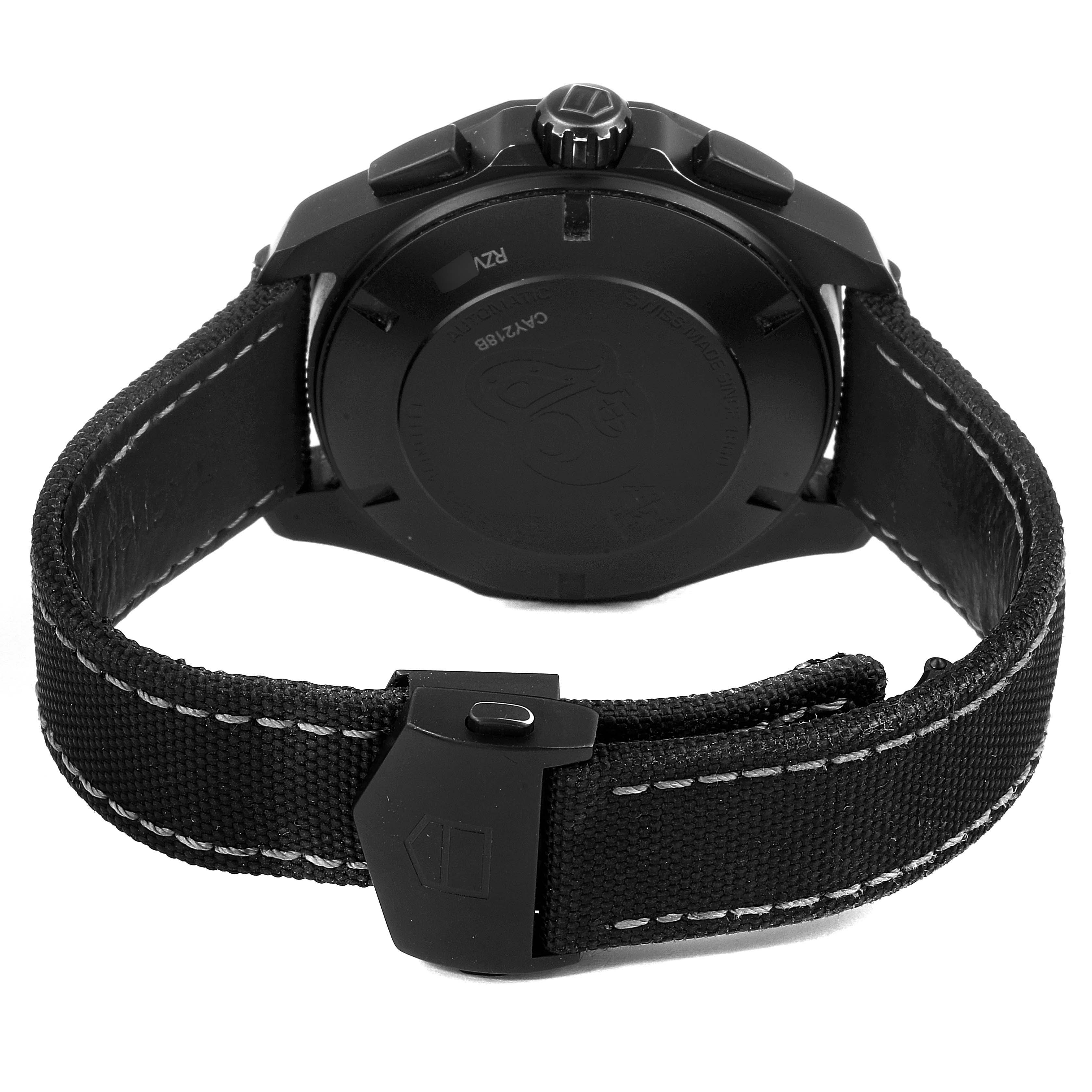 The image shows the back of the Tag Heuer Aquaracer CAY218B.FC6370 Men's Titanium Black Dial CAY218B.FC6370 Men's Titanium Black Dial watch, including its case back, crown, and strap with stitching detail.