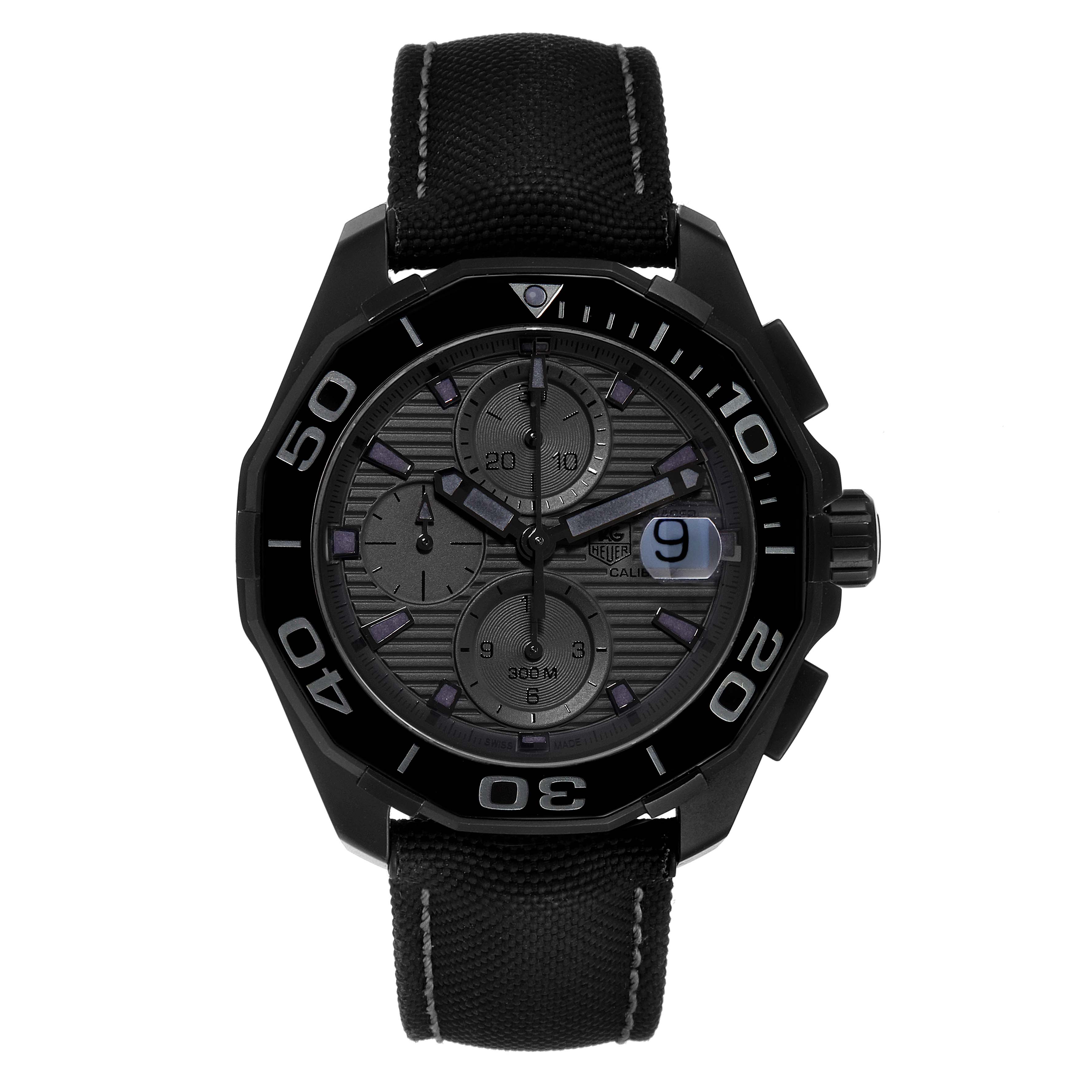 This image shows the front view of a Tag Heuer Aquaracer CAY218B.FC6370 Men's Titanium Black Dial CAY218B.FC6370 Men's Titanium Black Dial watch, displaying its face, bezel, and strap.