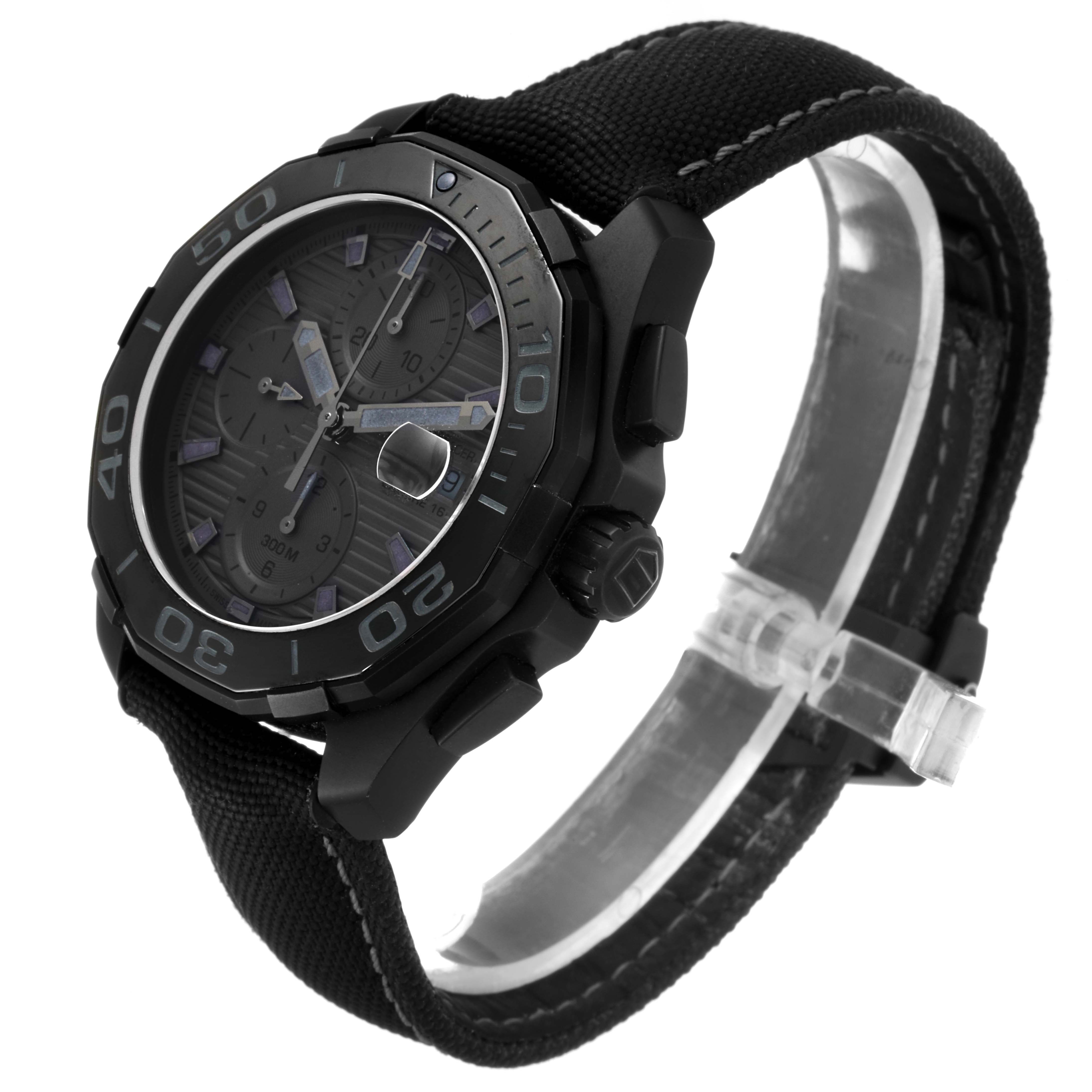 The image shows a side angle of a Tag Heuer Aquaracer CAY218B.FC6370 Men's Titanium Black Dial CAY218B.FC6370 Men's Titanium Black Dial watch, highlighting the face, bezel, and strap.