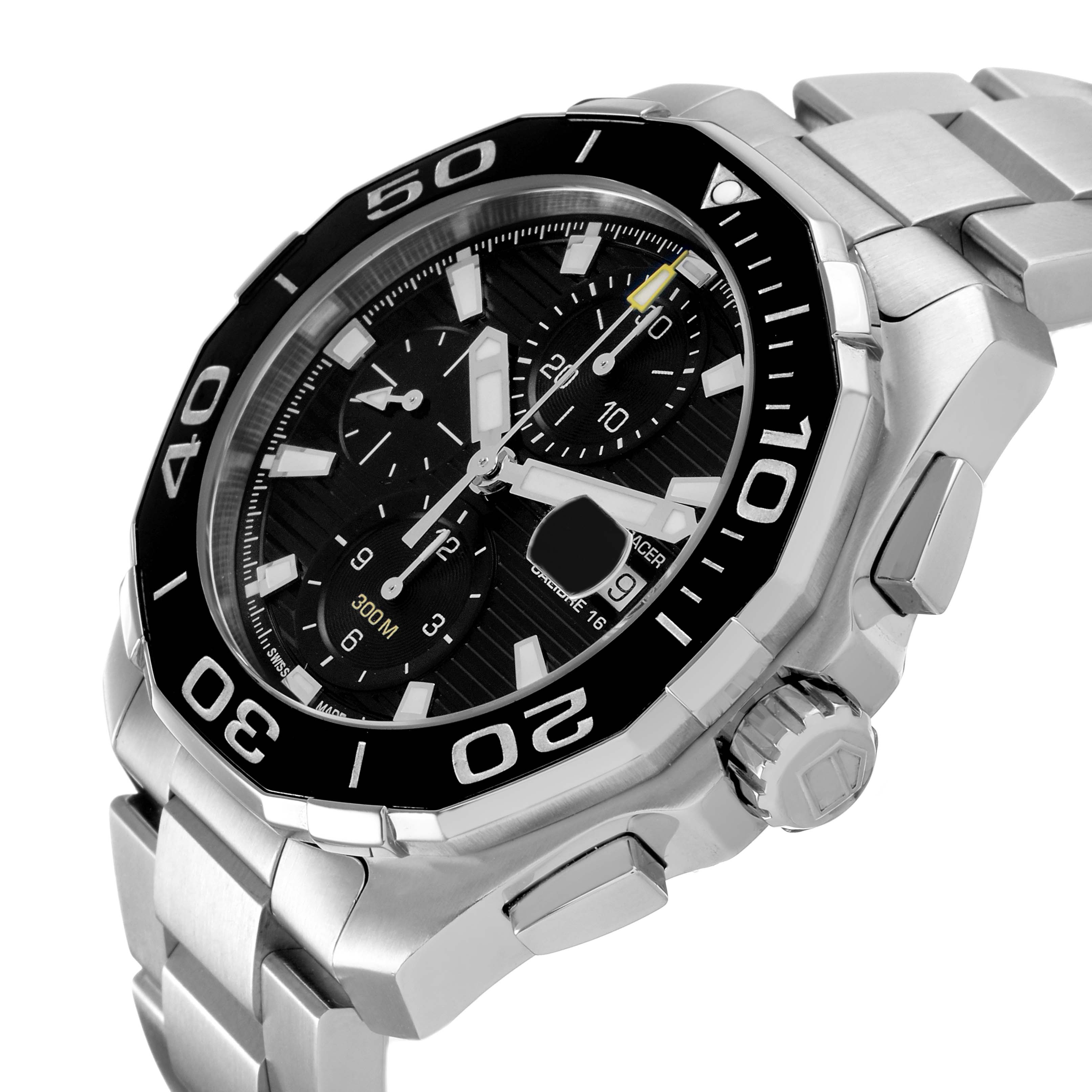 The Tag Heuer Aquaracer CAY211A.BA0927 Men's Stainless Steel Black Dial watch is shown at an oblique angle, highlighting the bezel, dial, crown, and bracelet.