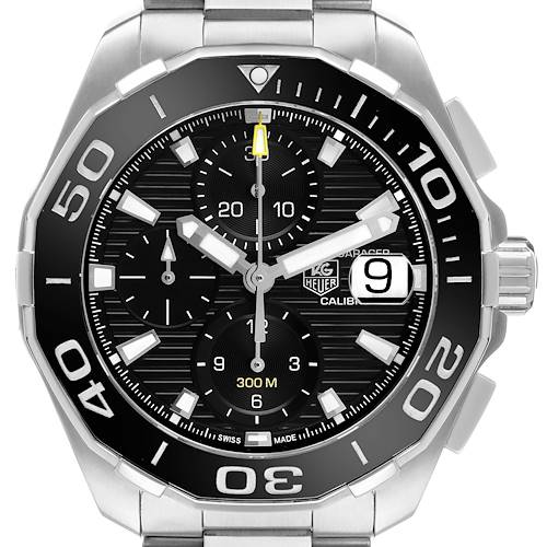 The Tag Heuer Aquaracer CAY211A.BA0927 Men's Stainless Steel Black Dial watch is shown from the front, displaying the dial, bezel, and crown.