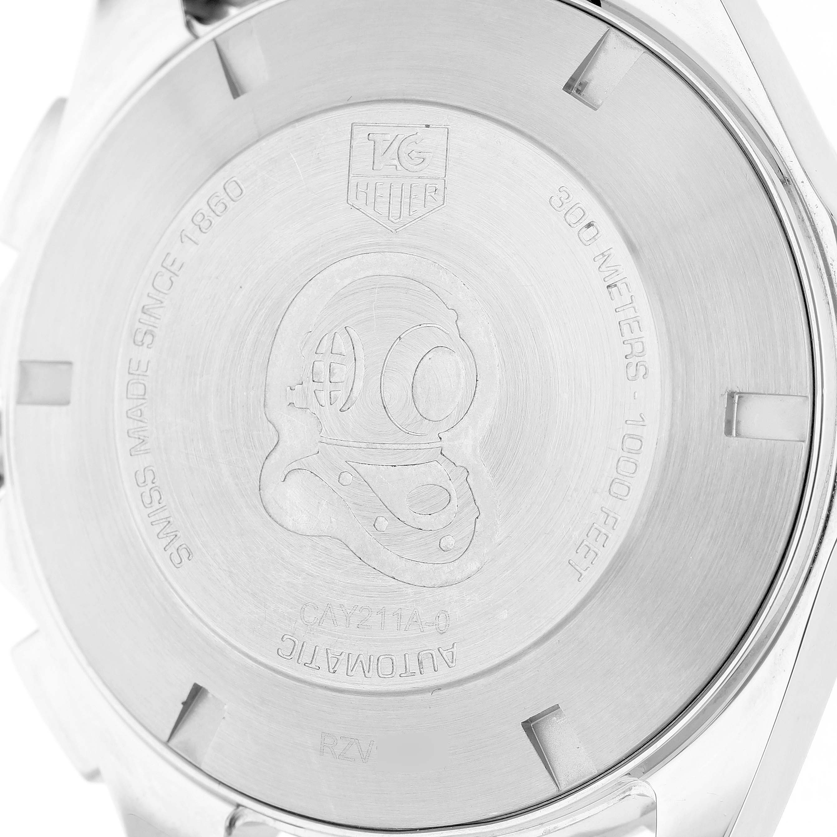 The image shows the back cover of a Tag Heuer Aquaracer CAY211A.BA0927 Men's Stainless Steel Black Dial watch, highlighting its engravings and logo.