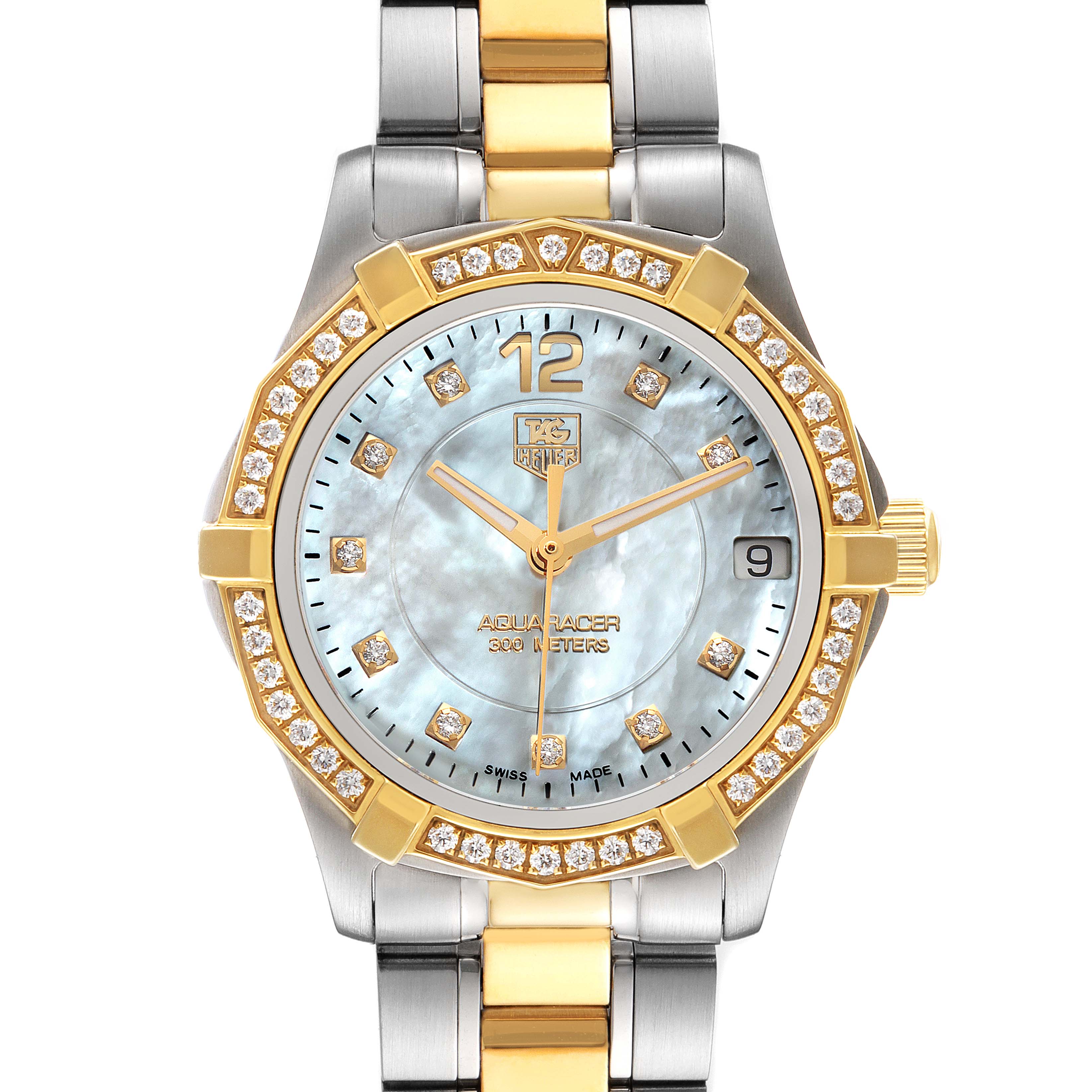 The image shows a front view of the Tag Heuer Aquaracer WAF1450.BB0820 Women
s Steel and Gold (two tone) Mother of Pearl Dial WAF1450.BB0820 Women
s Steel and Gold (two tone) Mother of Pearl Dial watch, highlighting its face, bezel, and part of the strap.