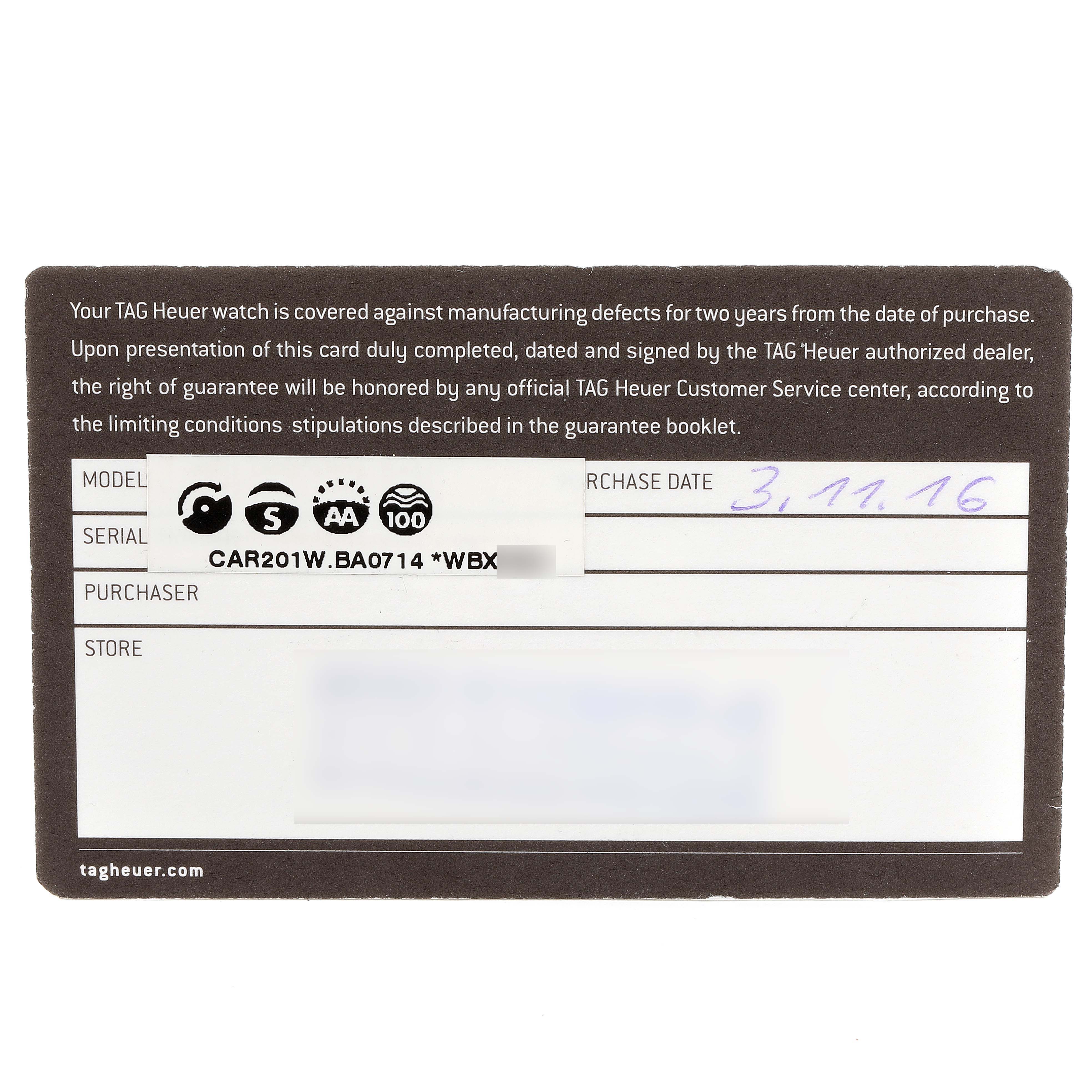 This image shows a warranty card for a Tag Heuer Carrera CAR201W.BA0714 Men
s Stainless Steel Black Dial CAR201W.BA0714 Men
s Stainless Steel Black Dial model watch, including its serial number and purchase date.