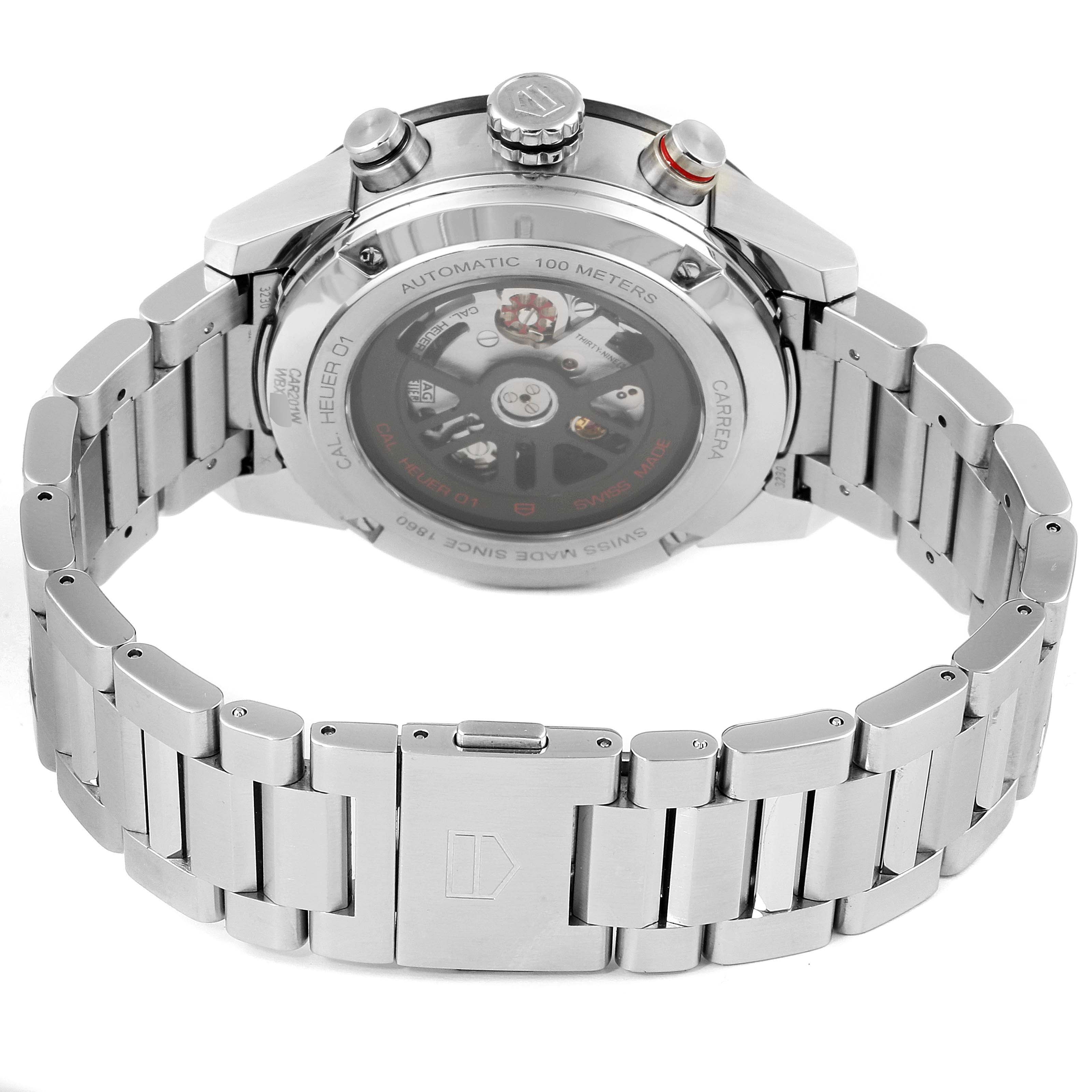 The image shows the back view of a Tag Heuer Carrera CAR201W.BA0714 Men
s Stainless Steel Black Dial CAR201W.BA0714 Men
s Stainless Steel Black Dial watch, featuring its stainless steel bracelet and visible automatic movement.