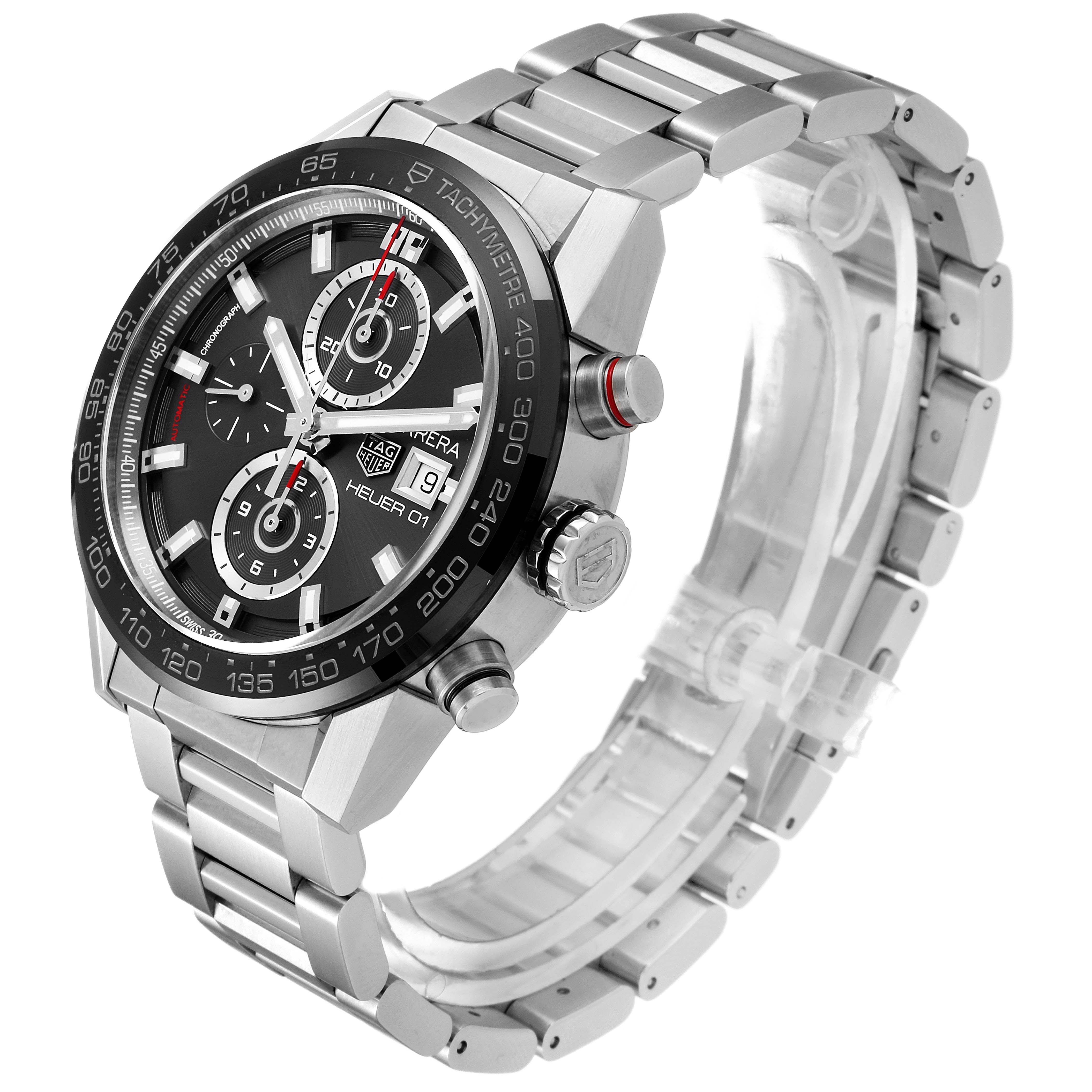 The Tag Heuer Carrera CAR201W.BA0714 Men
s Stainless Steel Black Dial CAR201W.BA0714 Men
s Stainless Steel Black Dial watch is shown at an angle highlighting its face, tachymeter bezel, crown, chronograph pushers, and metal bracelet.