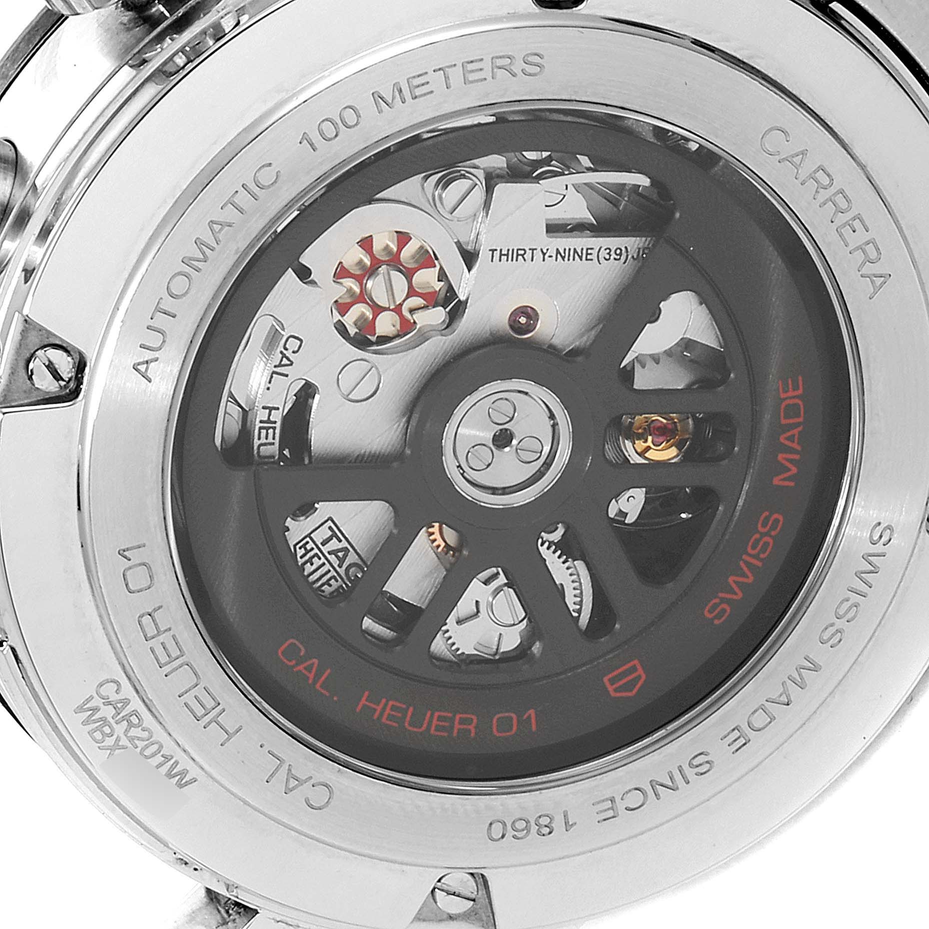 The image shows the back view of the Tag Heuer Carrera CAR201W.BA0714 Men
s Stainless Steel Black Dial CAR201W.BA0714 Men
s Stainless Steel Black Dial watch, revealing its internal automatic movement and Swiss-made markings.