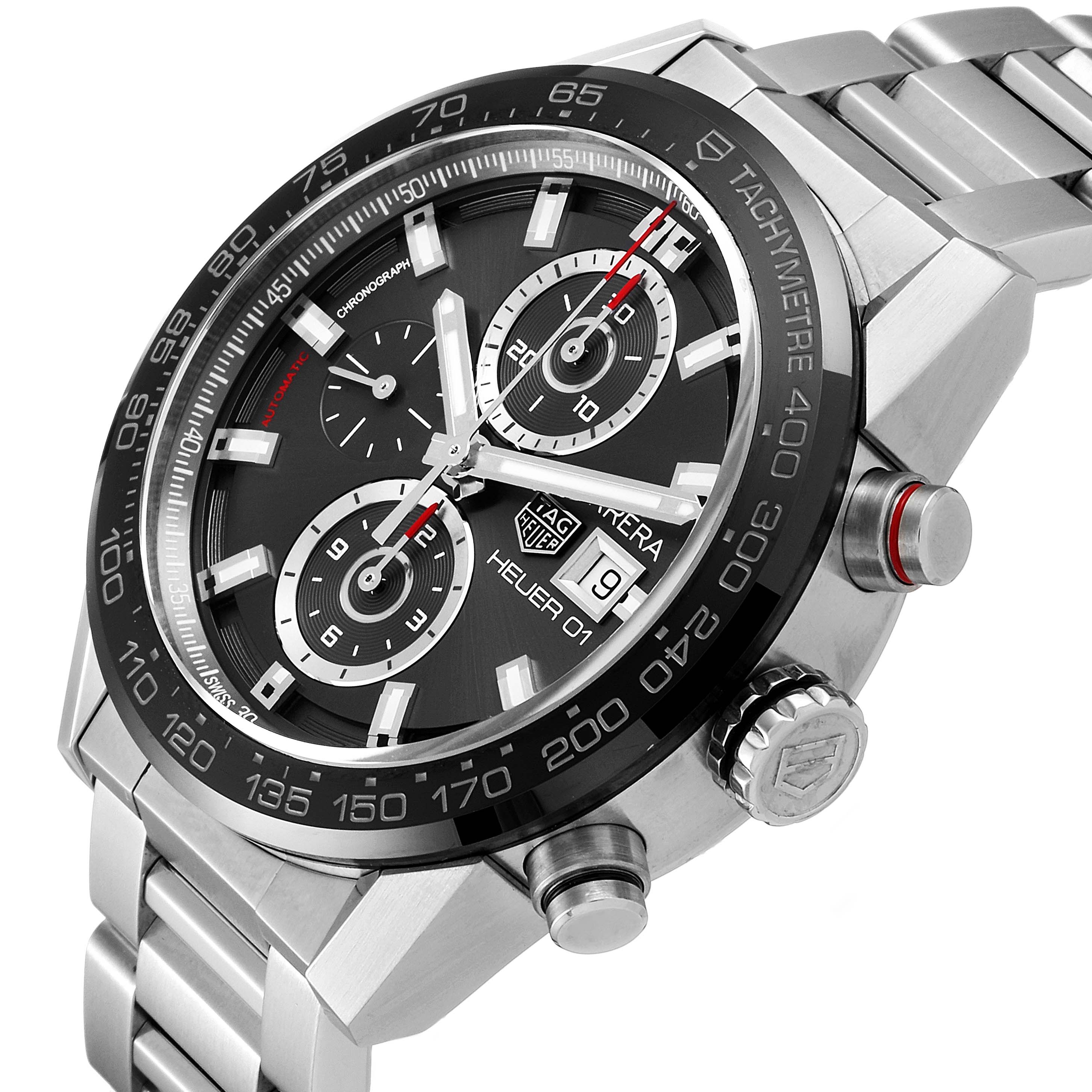 The image shows a close-up of the face and side of a Tag Heuer Carrera CAR201W.BA0714 Men
s Stainless Steel Black Dial CAR201W.BA0714 Men
s Stainless Steel Black Dial watch, highlighting its chronograph dials, tachymeter bezel, and crown.