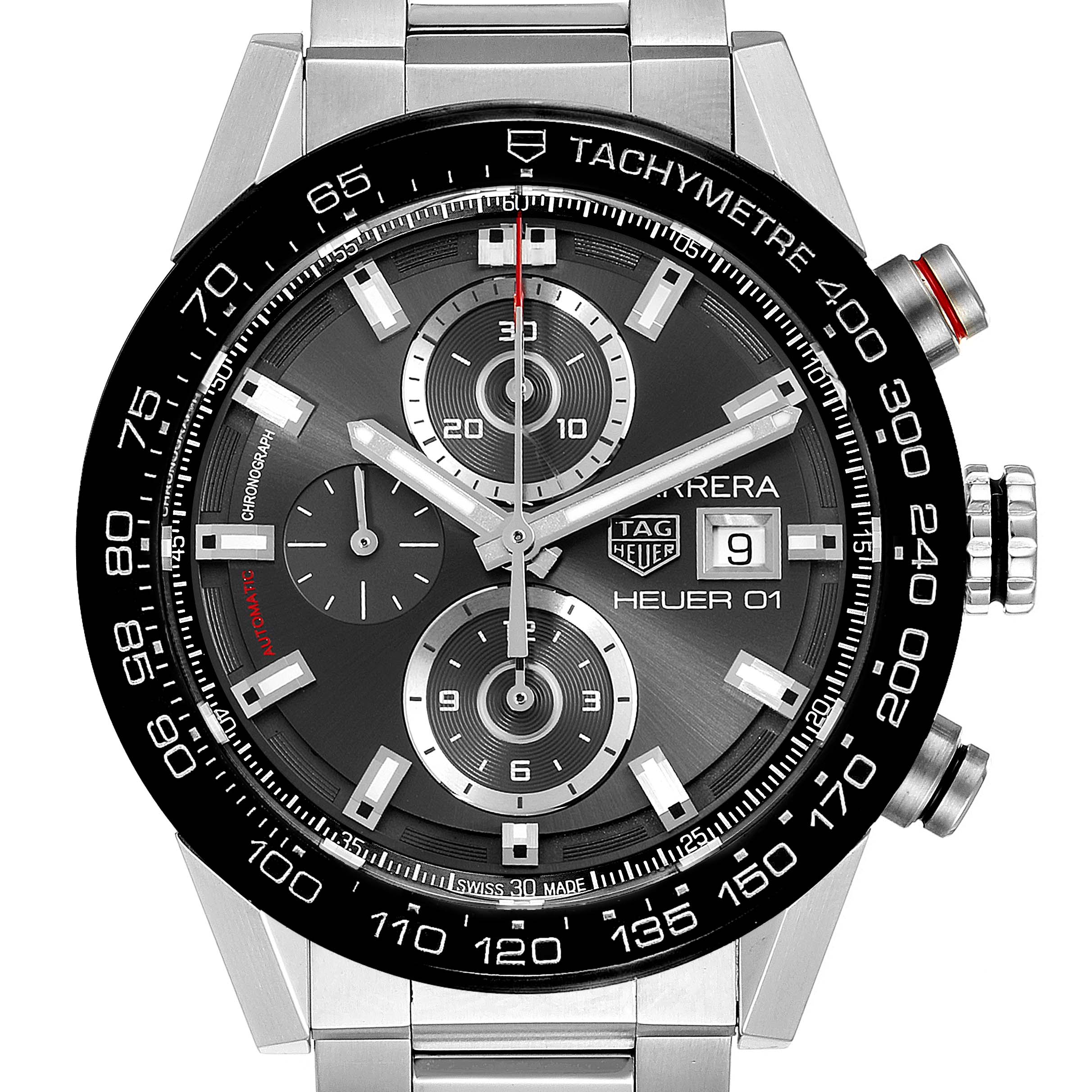 This image shows a front view of the Tag Heuer Carrera CAR201W.BA0714 Men
s Stainless Steel Black Dial CAR201W.BA0714 Men
s Stainless Steel Black Dial watch, displaying the face, chronographs, tachymeter, date, and crown.