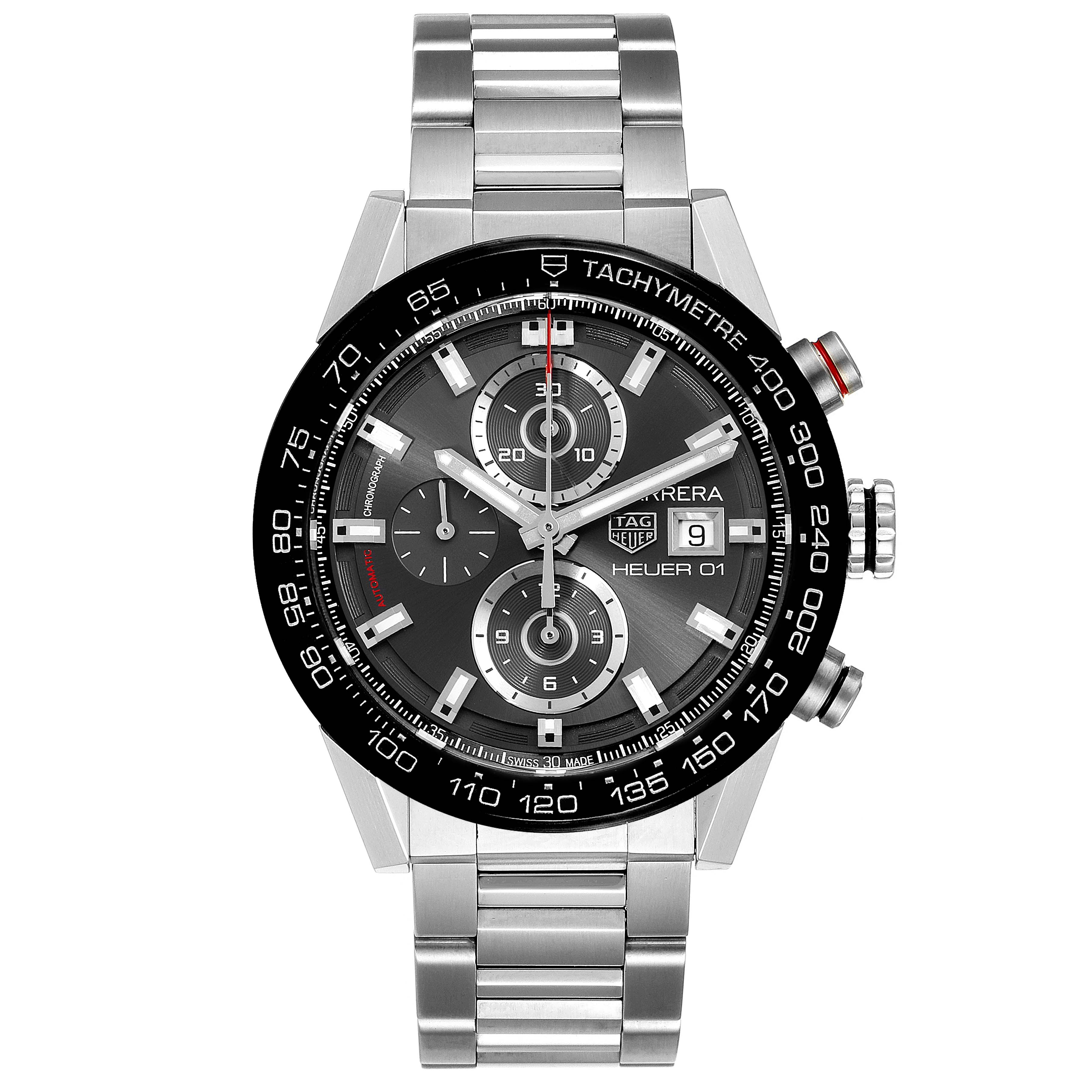 This Tag Heuer Carrera CAR201W.BA0714 Men
s Stainless Steel Black Dial CAR201W.BA0714 Men
s Stainless Steel Black Dial watch is shown from a front view, highlighting the dial, bezel, and metal bracelet.
