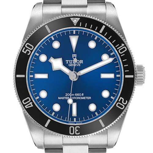 The Tudor Heritage Black Bay M7943A1A0NU-0001 Men's Stainless Steel Blue Dial watch is shown from a front angle, highlighting its blue dial, bezel, and crown.