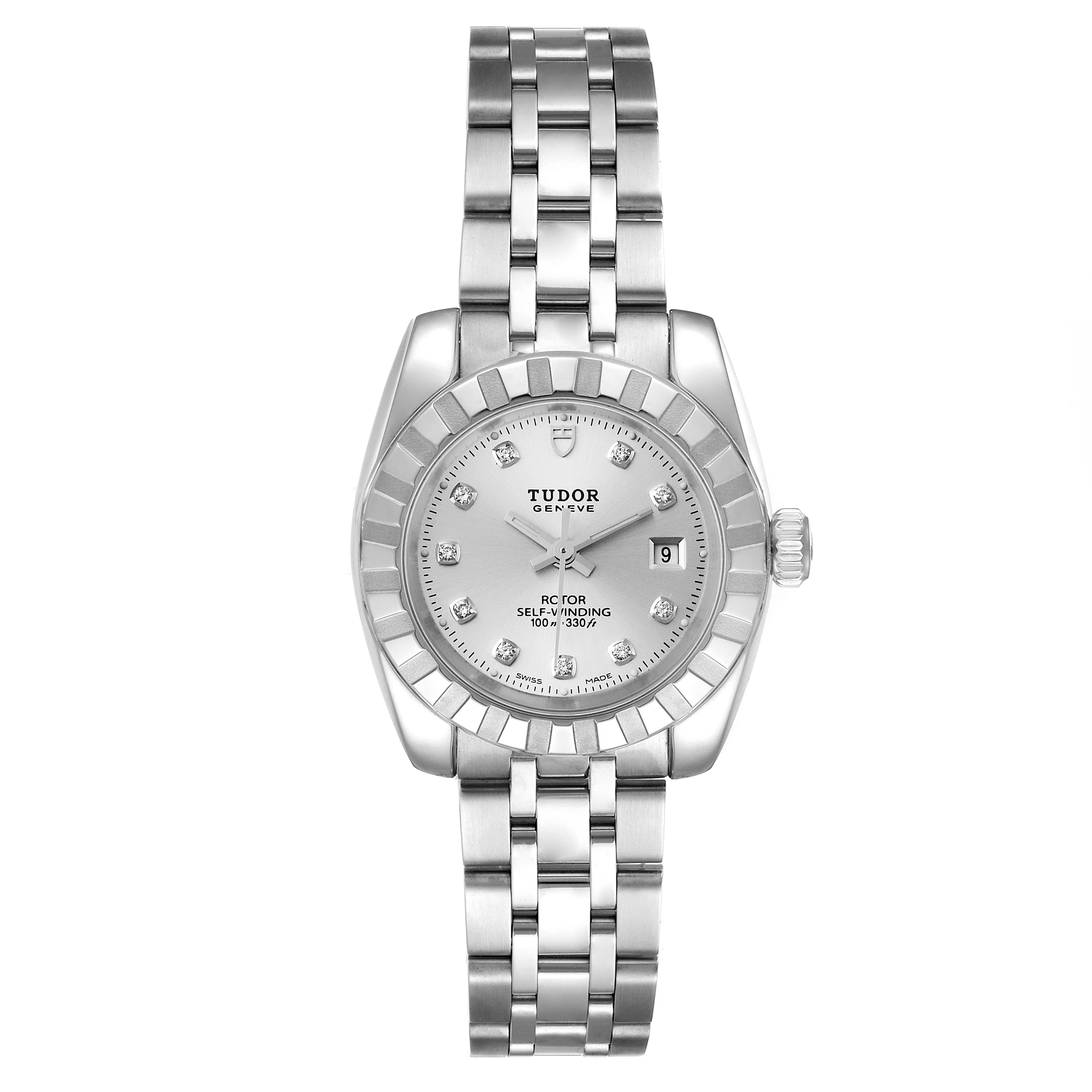 This image shows a front view of the Tudor Classic 22010 Women's Stainless Steel Silver Dial 22010 Women's Stainless Steel Silver Dial model watch, featuring a stainless steel bracelet and a date display.