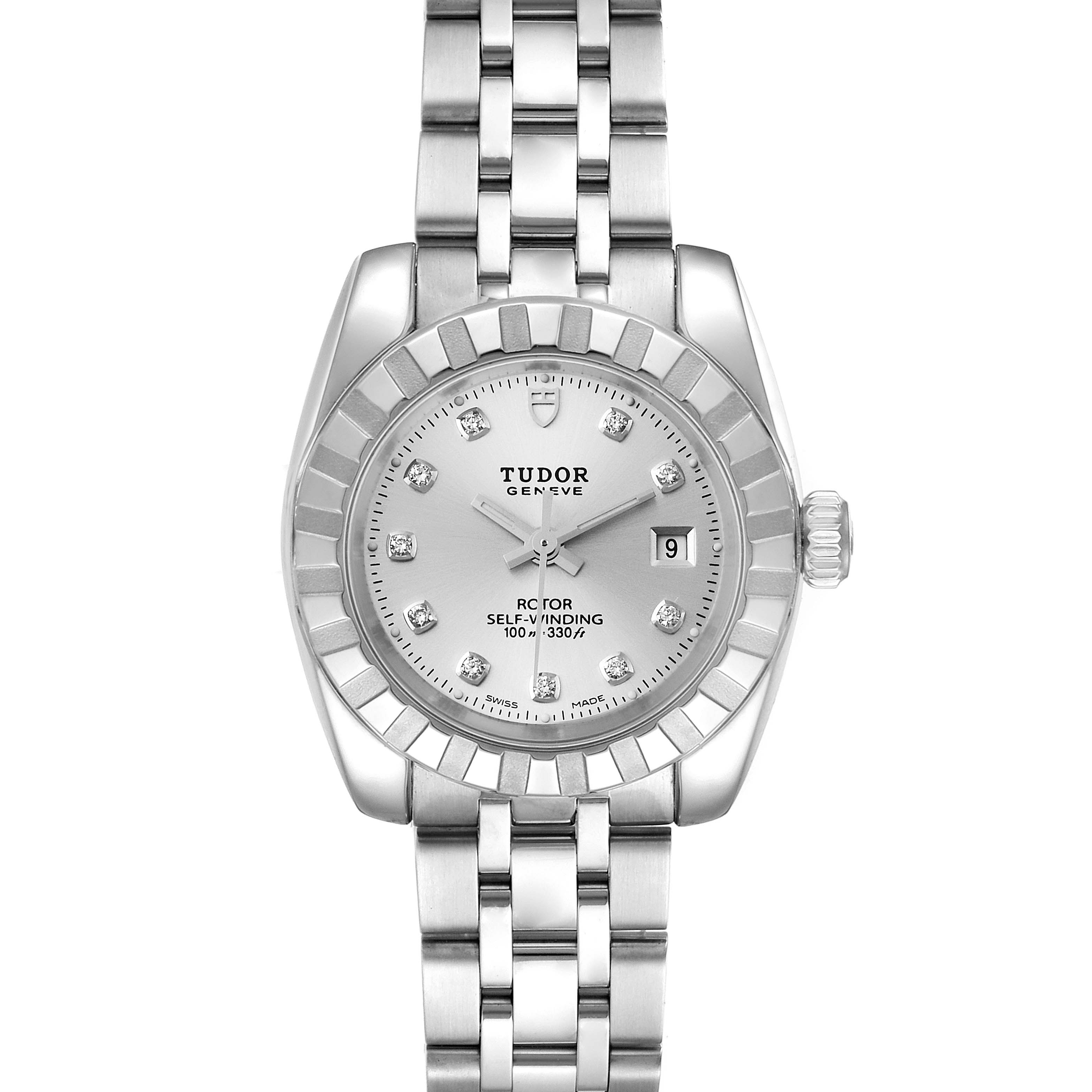 This image shows a front view of the Tudor Classic 22010 Women's Stainless Steel Silver Dial 22010 Women's Stainless Steel Silver Dial model watch face and bracelet.
