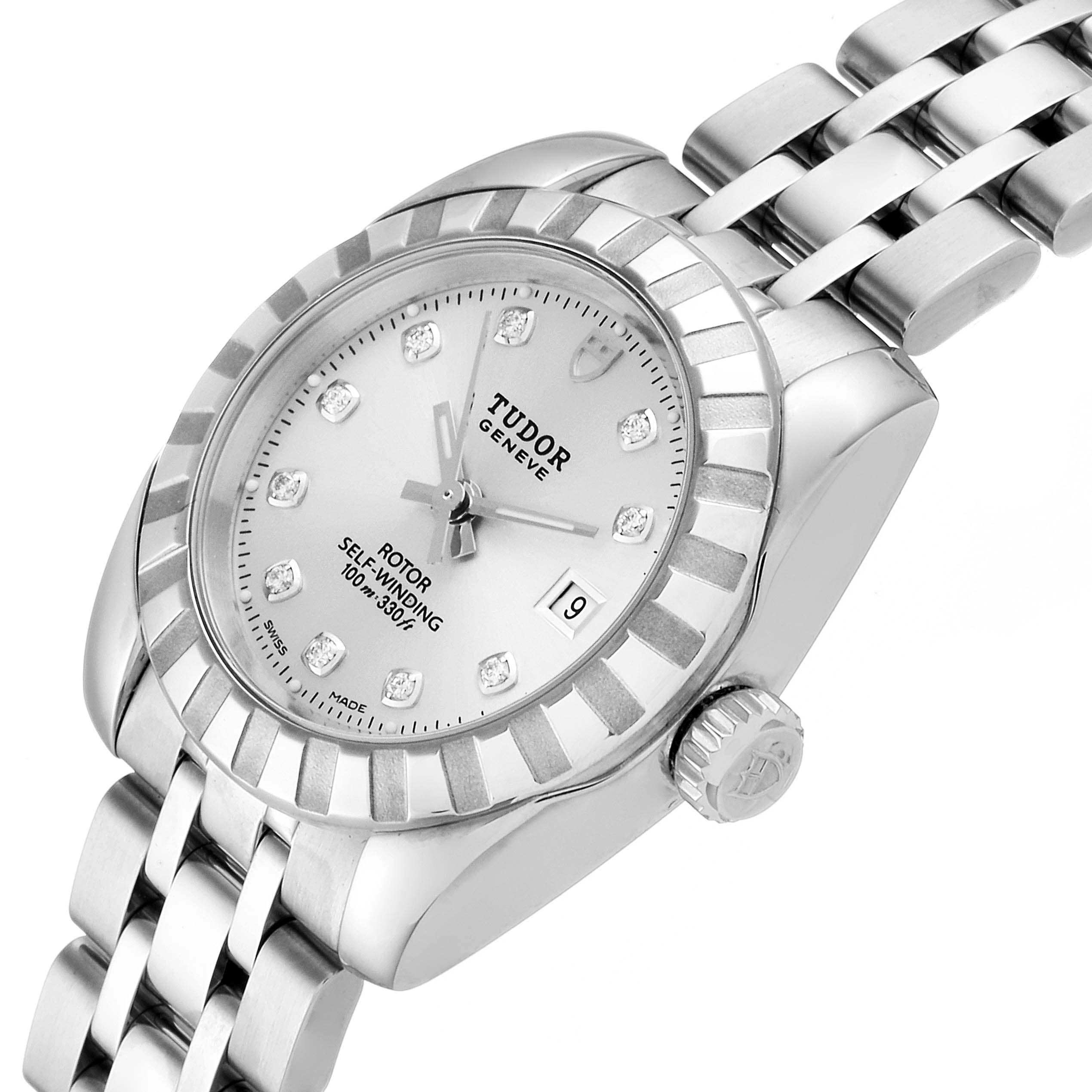 This image shows a close-up angled view of the Tudor Classic 22010 Women's Stainless Steel Silver Dial 22010 Women's Stainless Steel Silver Dial watch, featuring the dial, case, crown, and bracelet.