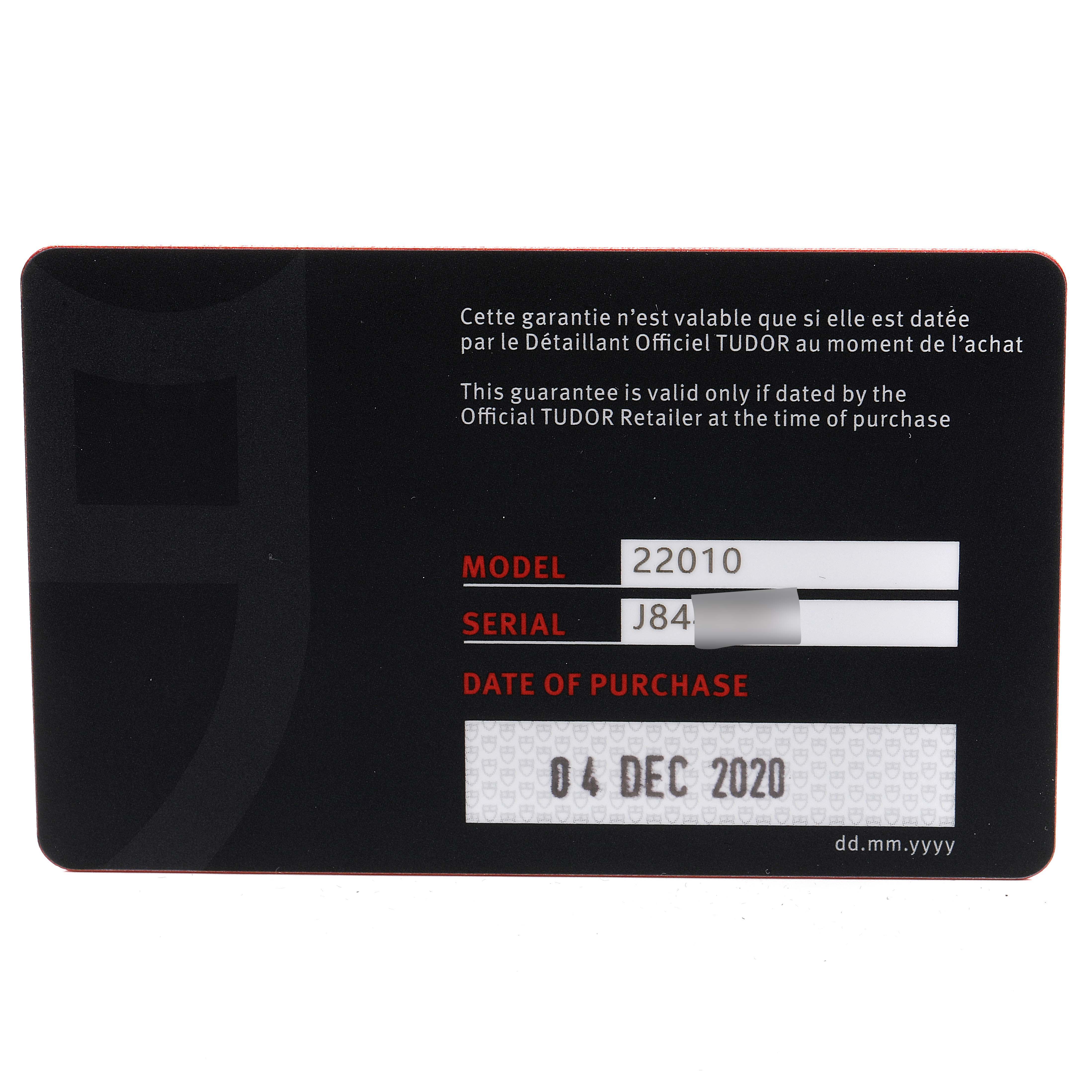 The image shows a warranty card for a Tudor Classic 22010 Women's Stainless Steel Silver Dial 22010 Women's Stainless Steel Silver Dial model 22010 watch with a purchase date of 04 Dec 2020.