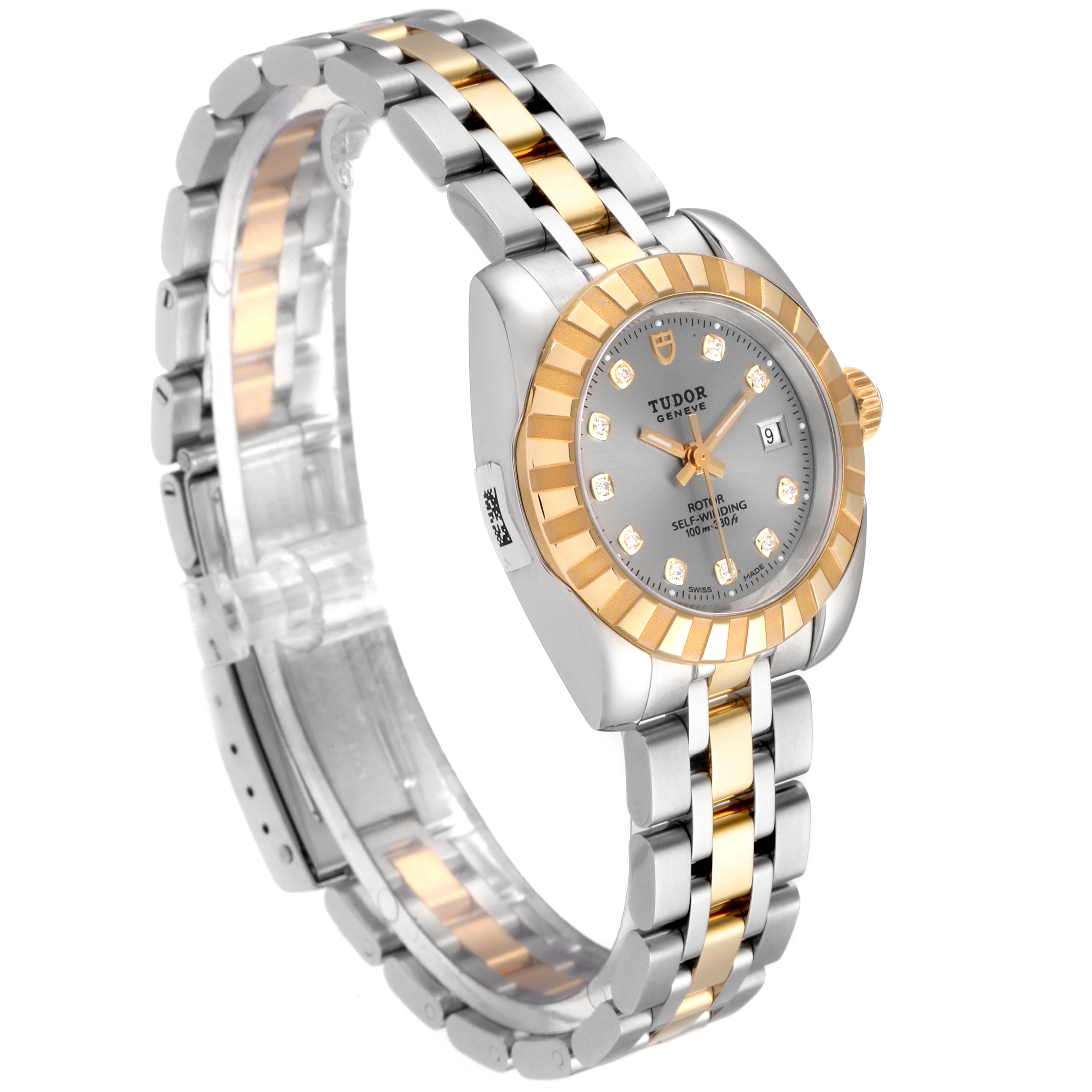 The Tudor Classic 21023 Women's Steel and Gold (two tone) Silver Dial 21023 Women's Steel and Gold (two tone) Silver Dial model watch is shown at a three-quarter angle, highlighting the two-tone bracelet, dial, and bezel.