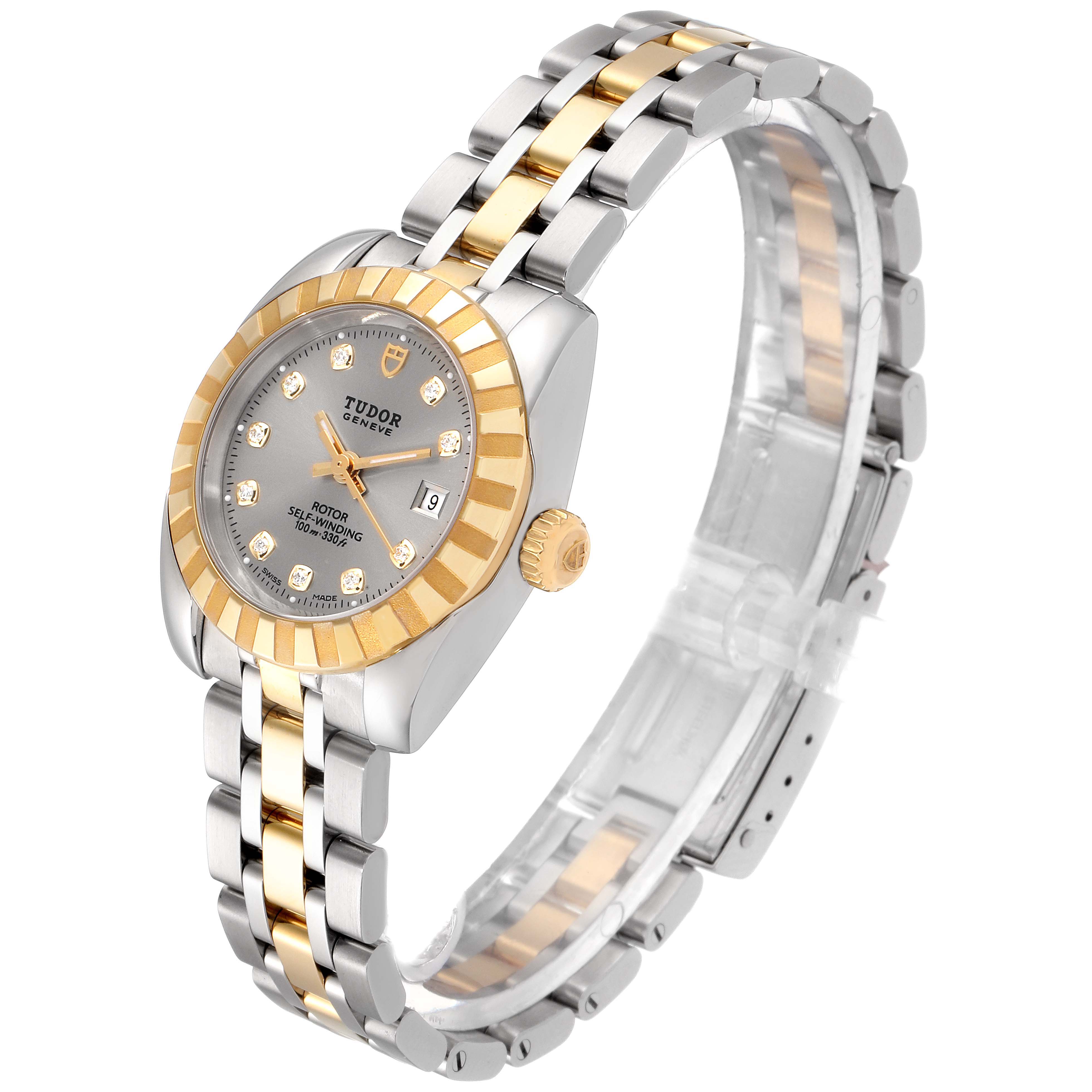 The image shows a Tudor Classic 21023 Women's Steel and Gold (two tone) Silver Dial 21023 Women's Steel and Gold (two tone) Silver Dial model watch at a slight angle, highlighting its two-tone bracelet, crown, bezel, and dial.