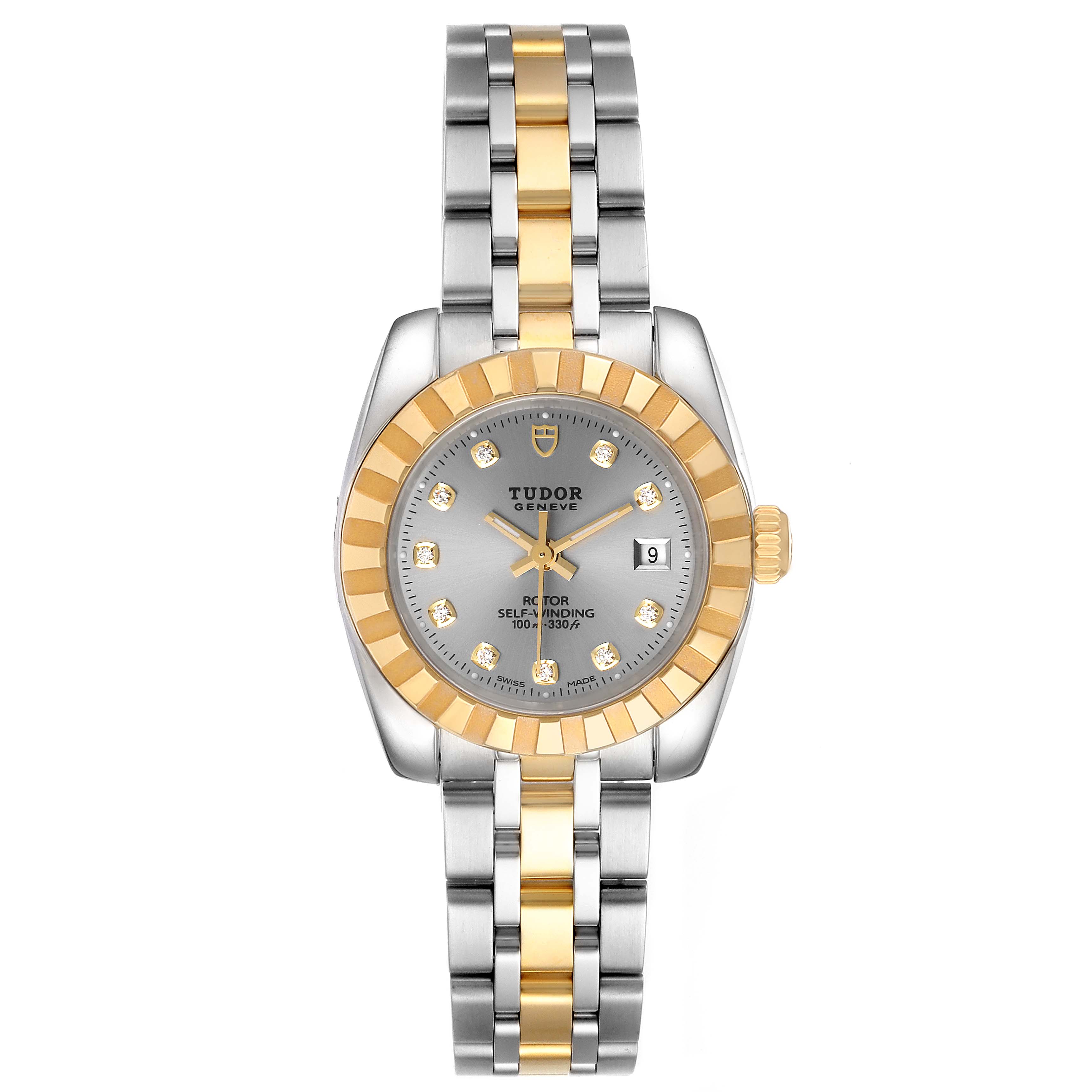 The Tudor Classic 21023 Women's Steel and Gold (two tone) Silver Dial 21023 Women's Steel and Gold (two tone) Silver Dial model watch is shown from a top-down angle, highlighting the dial, bezel, crown, and bracelet.