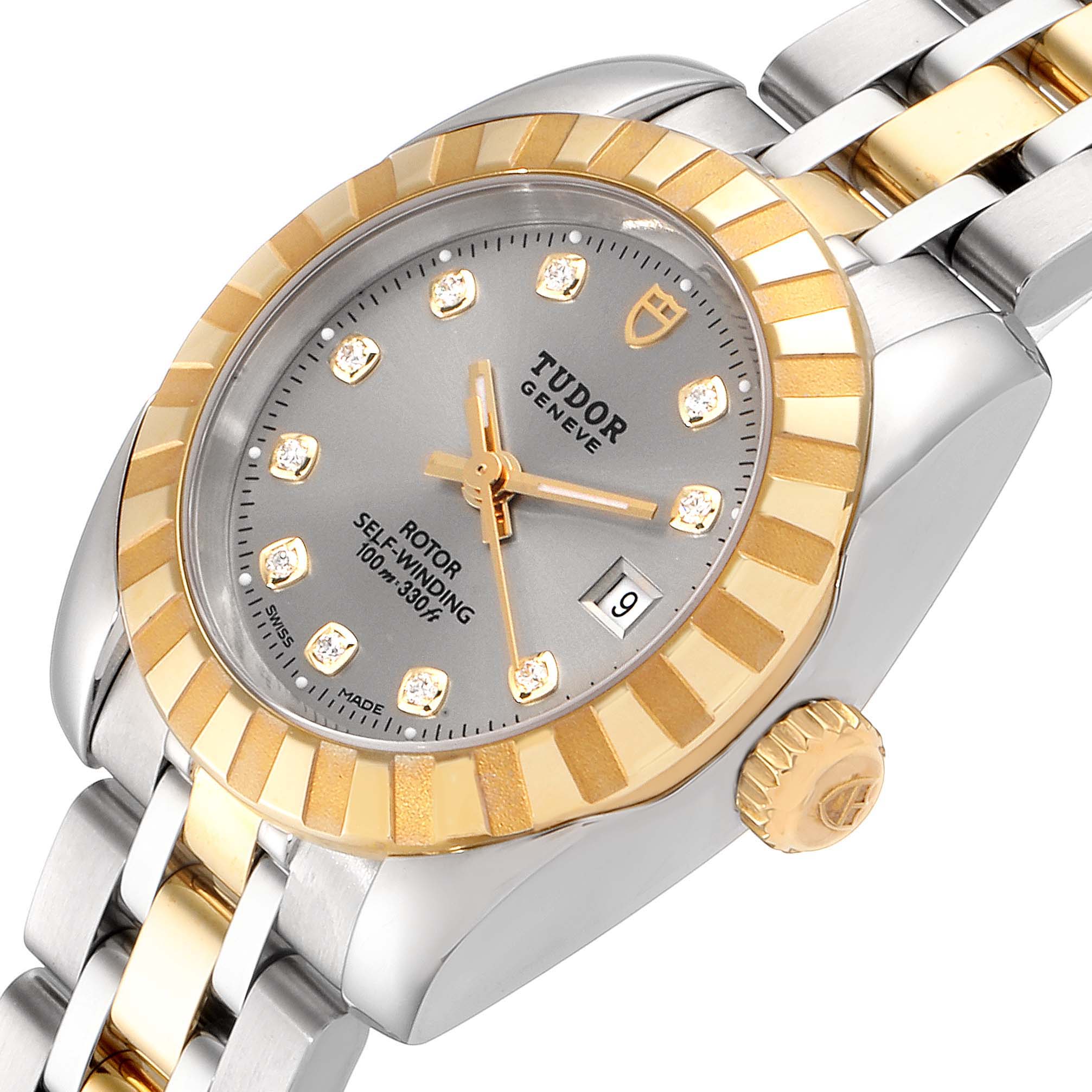 The Tudor Classic 21023 Women's Steel and Gold (two tone) Silver Dial 21023 Women's Steel and Gold (two tone) Silver Dial model watch is shown at an oblique angle, highlighting the dial, bezel, crown, and part of the bracelet.