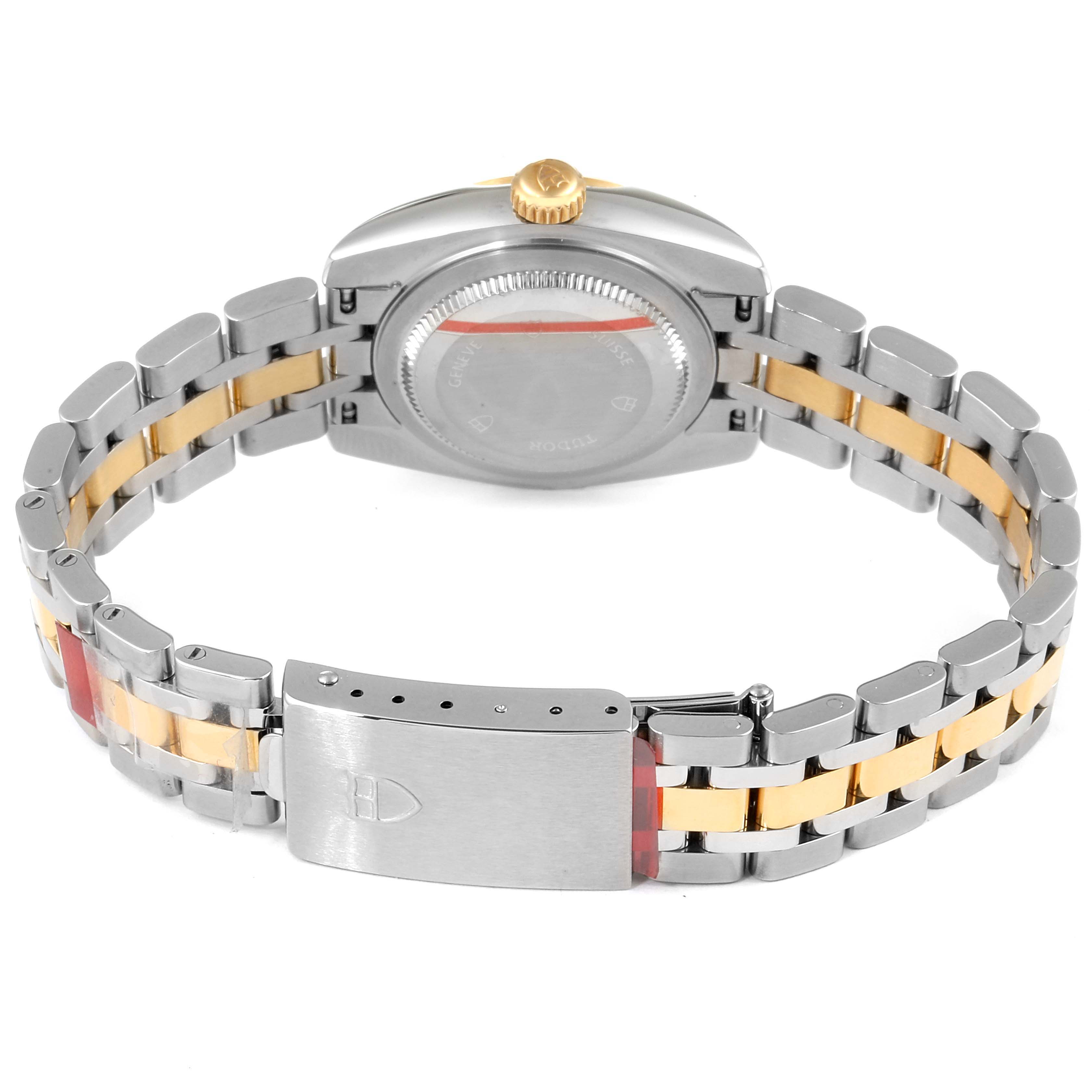 This image shows the back view of a Tudor Classic 21023 Women's Steel and Gold (two tone) Silver Dial 21023 Women's Steel and Gold (two tone) Silver Dial model watch, featuring its two-tone bracelet and clasp.