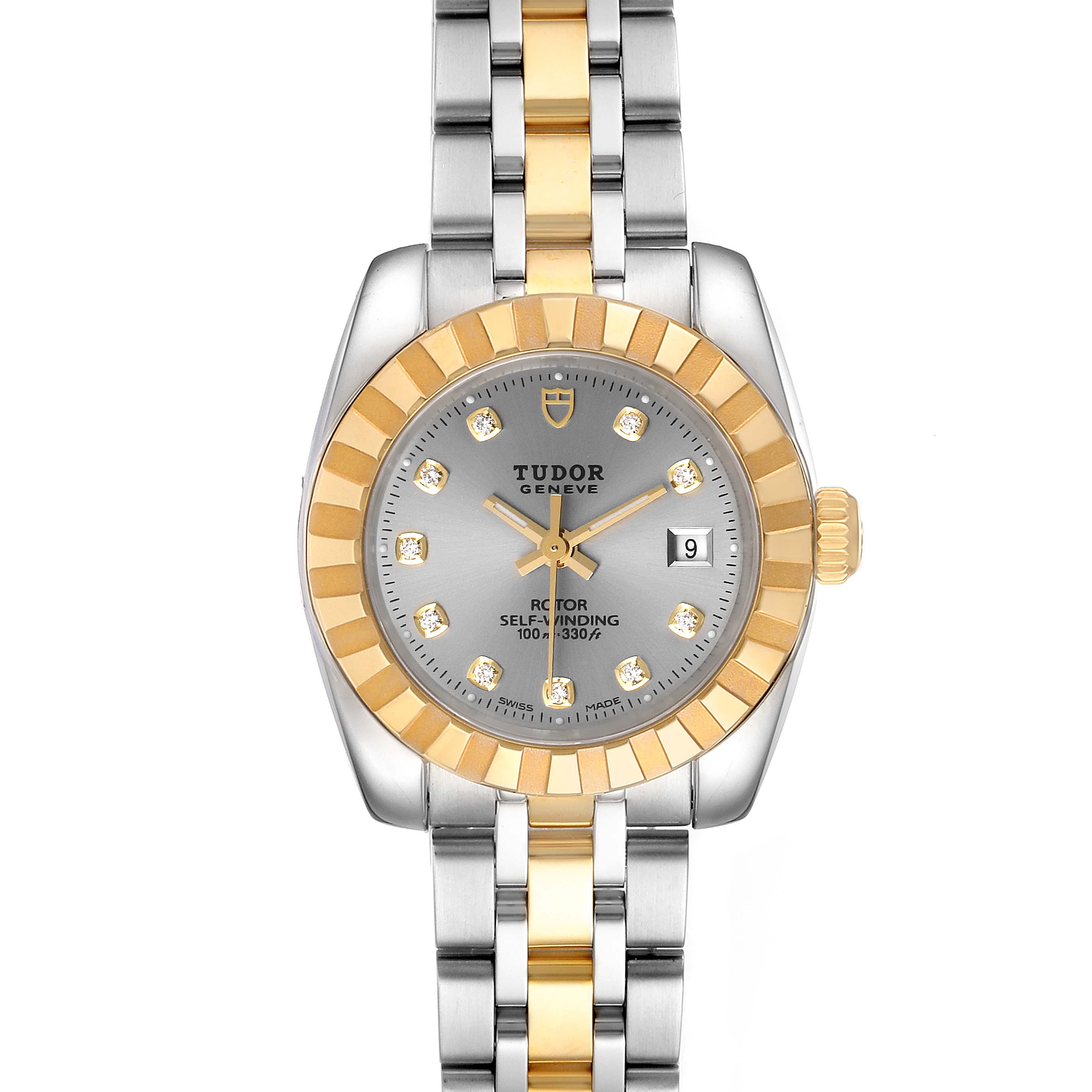 This is a front view of the Tudor Classic 21023 Women's Steel and Gold (two tone) Silver Dial 21023 Women's Steel and Gold (two tone) Silver Dial model watch, showing the dial, bezel, crown, and two-tone bracelet.