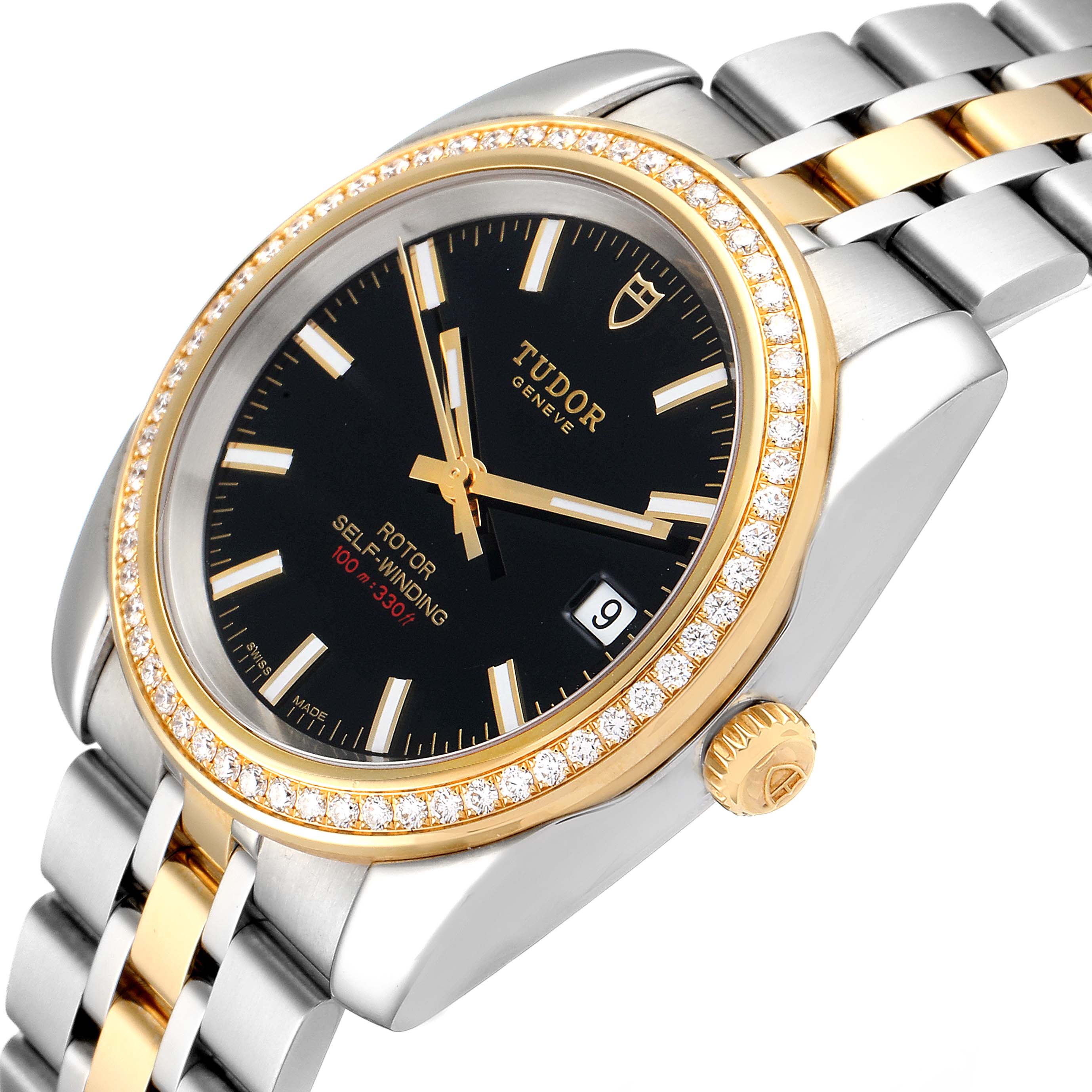 The Tudor Classic 21023 Men's Steel and Gold (two tone) Black Dial 21023 Men's Steel and Gold (two tone) Black Dial watch is shown at an oblique angle, displaying its dial, bezel, crown, and part of the bracelet.