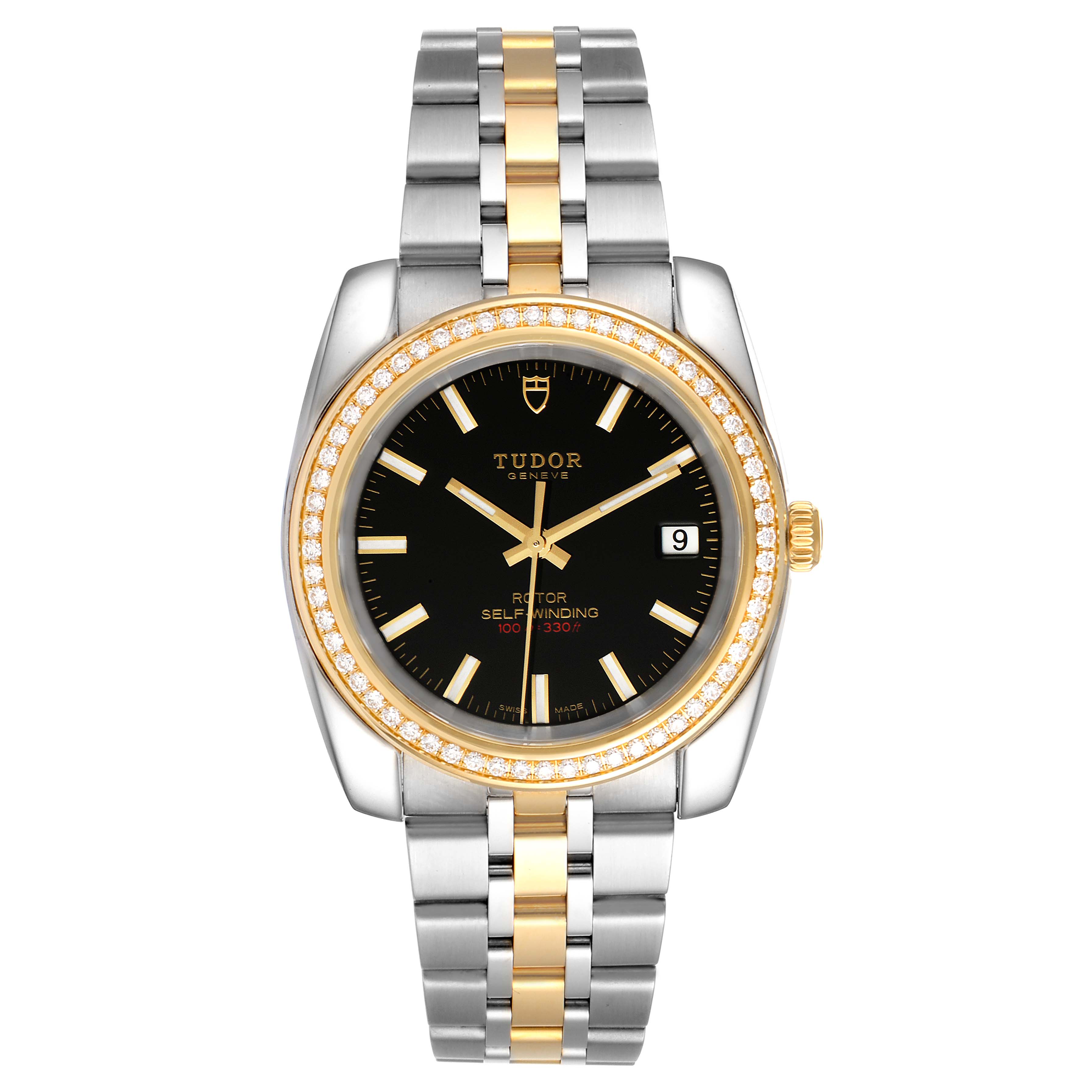 This image shows a front angle of the Tudor Classic 21023 Men's Steel and Gold (two tone) Black Dial 21023 Men's Steel and Gold (two tone) Black Dial model watch with a silver and gold bracelet, black dial, and date display.