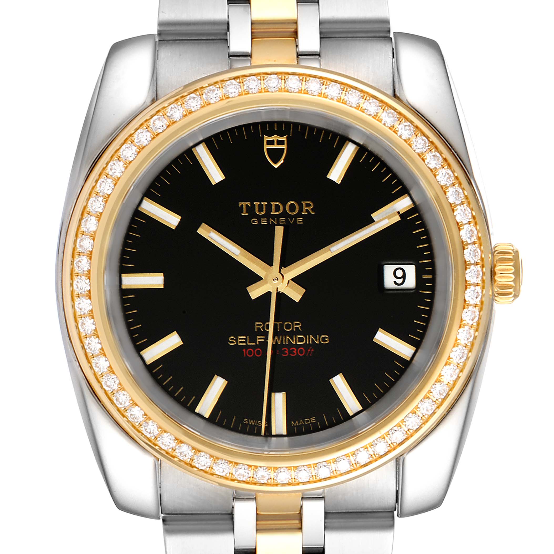 The Tudor Classic 21023 Men's Steel and Gold (two tone) Black Dial 21023 Men's Steel and Gold (two tone) Black Dial watch is shown from the front, displaying its black dial, gold accents, date window, and diamond-encrusted bezel.