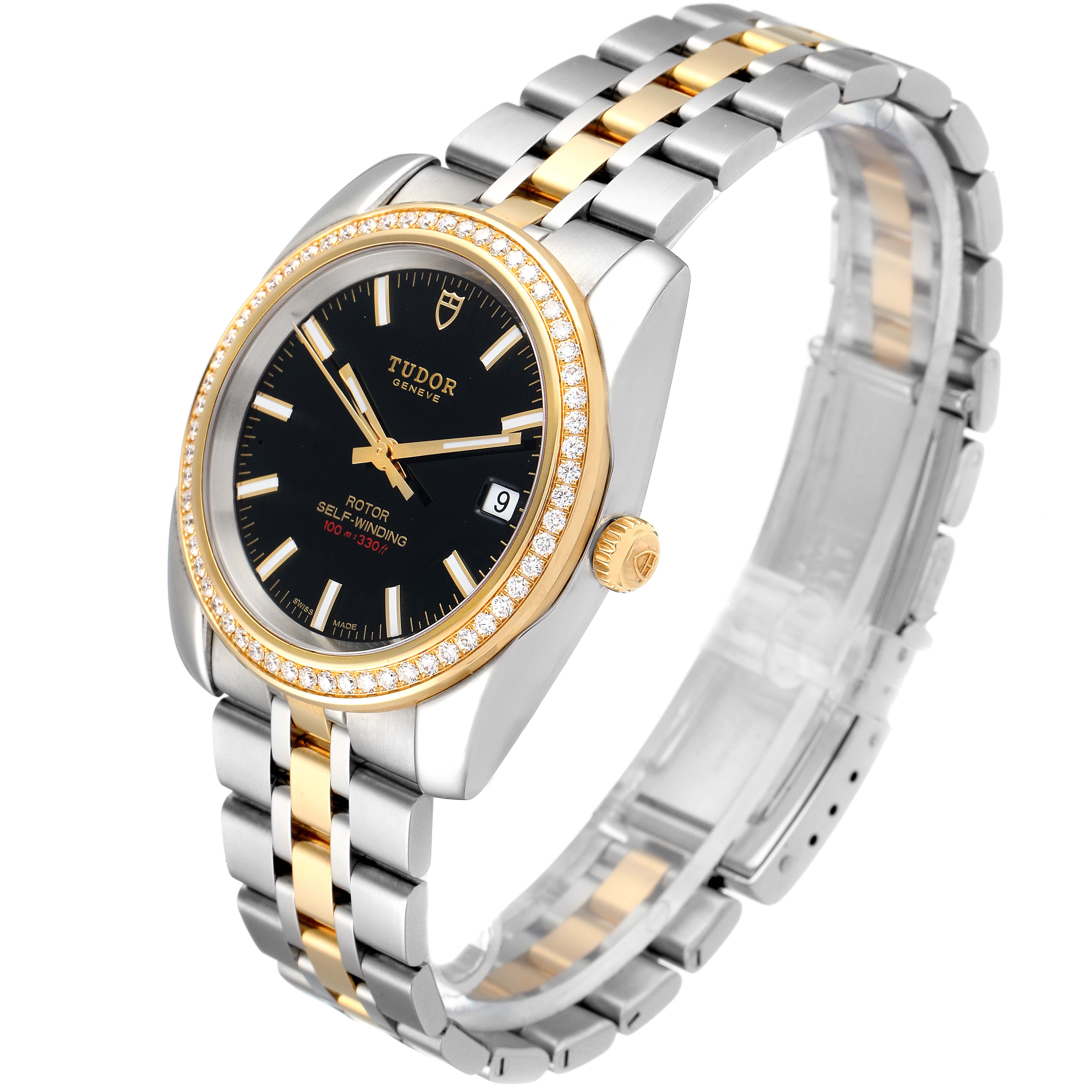 The Tudor Classic 21023 Men's Steel and Gold (two tone) Black Dial 21023 Men's Steel and Gold (two tone) Black Dial watch is shown at a slight angle, displaying the face, bezel, crown, and two-tone bracelet.