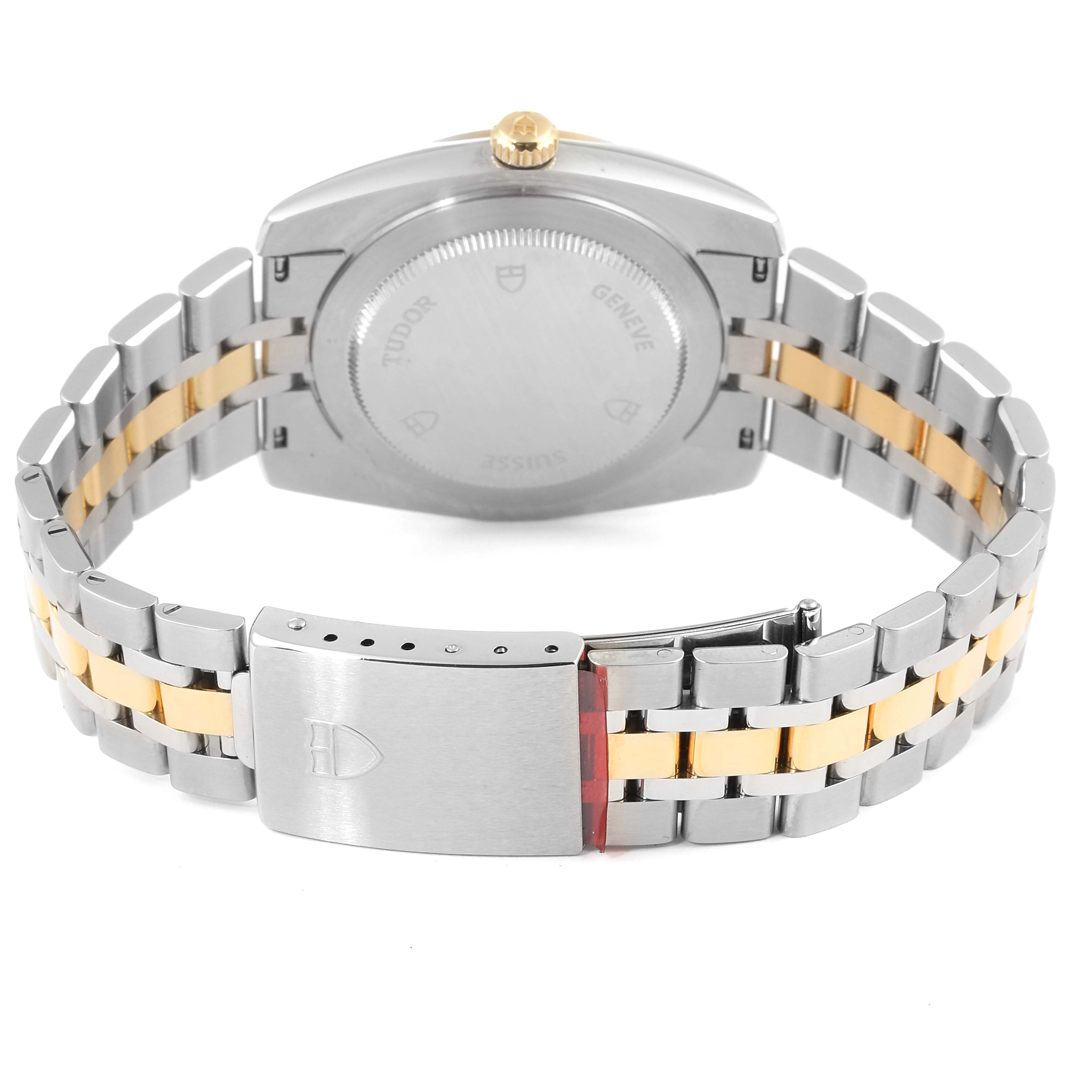 The image shows the backside and bracelet of the Tudor Classic 21023 Men's Steel and Gold (two tone) Black Dial 21023 Men's Steel and Gold (two tone) Black Dial model watch, highlighting its clasp and caseback.