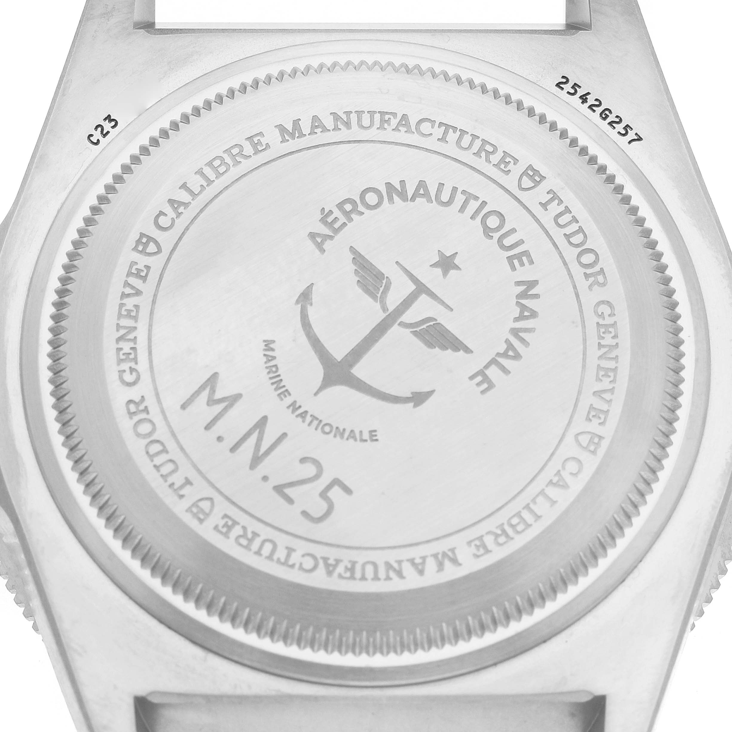 The image shows the case back of a Tudor Pelagos 2542G257 Men's Titanium Black Dial watch, featuring engraving and branding details.