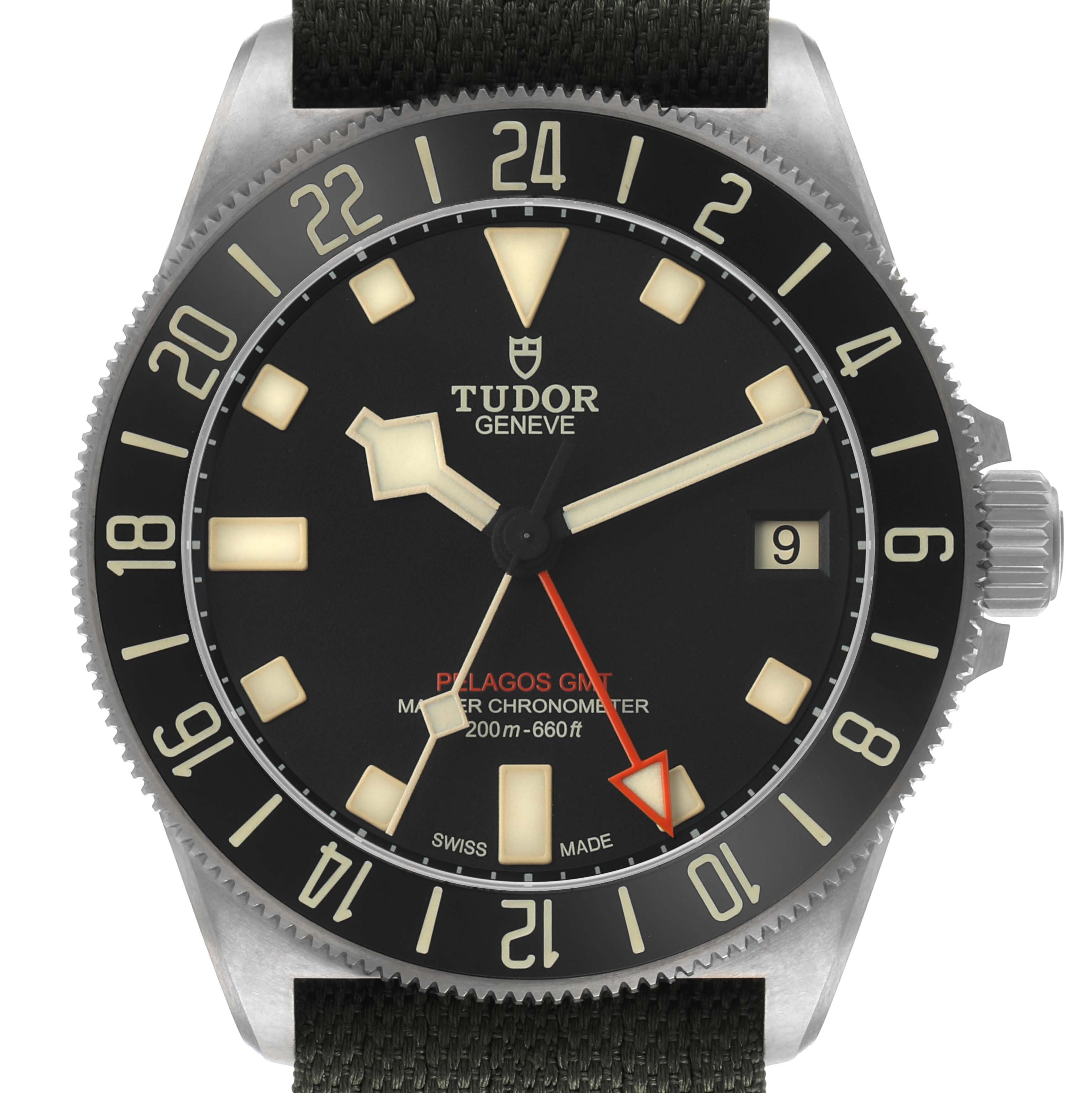 The Tudor Pelagos 2542G257 Men's Titanium Black Dial watch is shown from the front, featuring its dial, crown, and bezel.